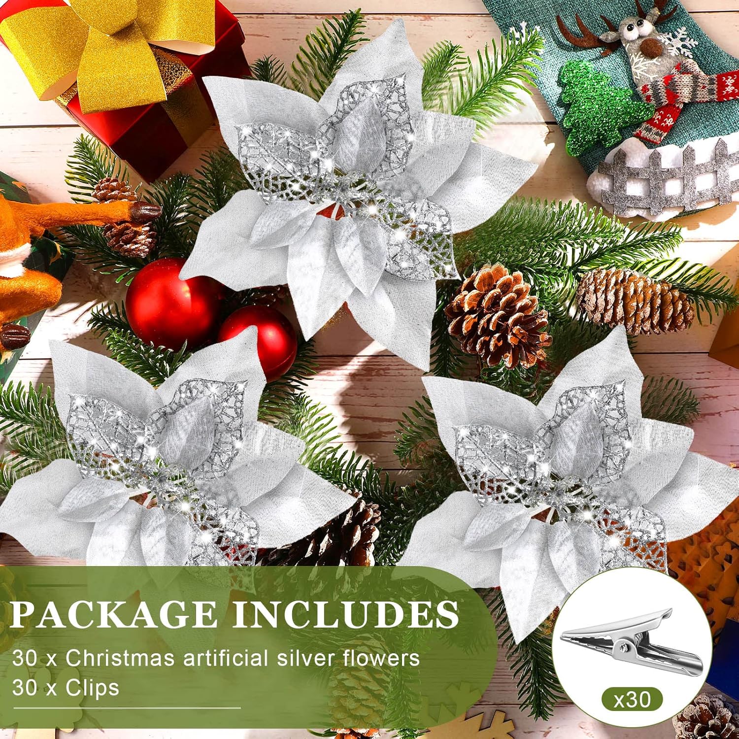 30 Pieces 8 Inches Large Christmas Artificial Poinsettia Flower Christmas Tree Glitter Faux Flowers Floral Wreath Garland Xmas Tree Ornaments For Wedding Holiday Wreath Diy (Silver)