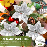 30 Pieces 8 Inches Large Christmas Artificial Poinsettia Flower Christmas Tree Glitter Faux Flowers Floral Wreath Garland Xmas Tree Ornaments For Wedding Holiday Wreath Diy (Silver)