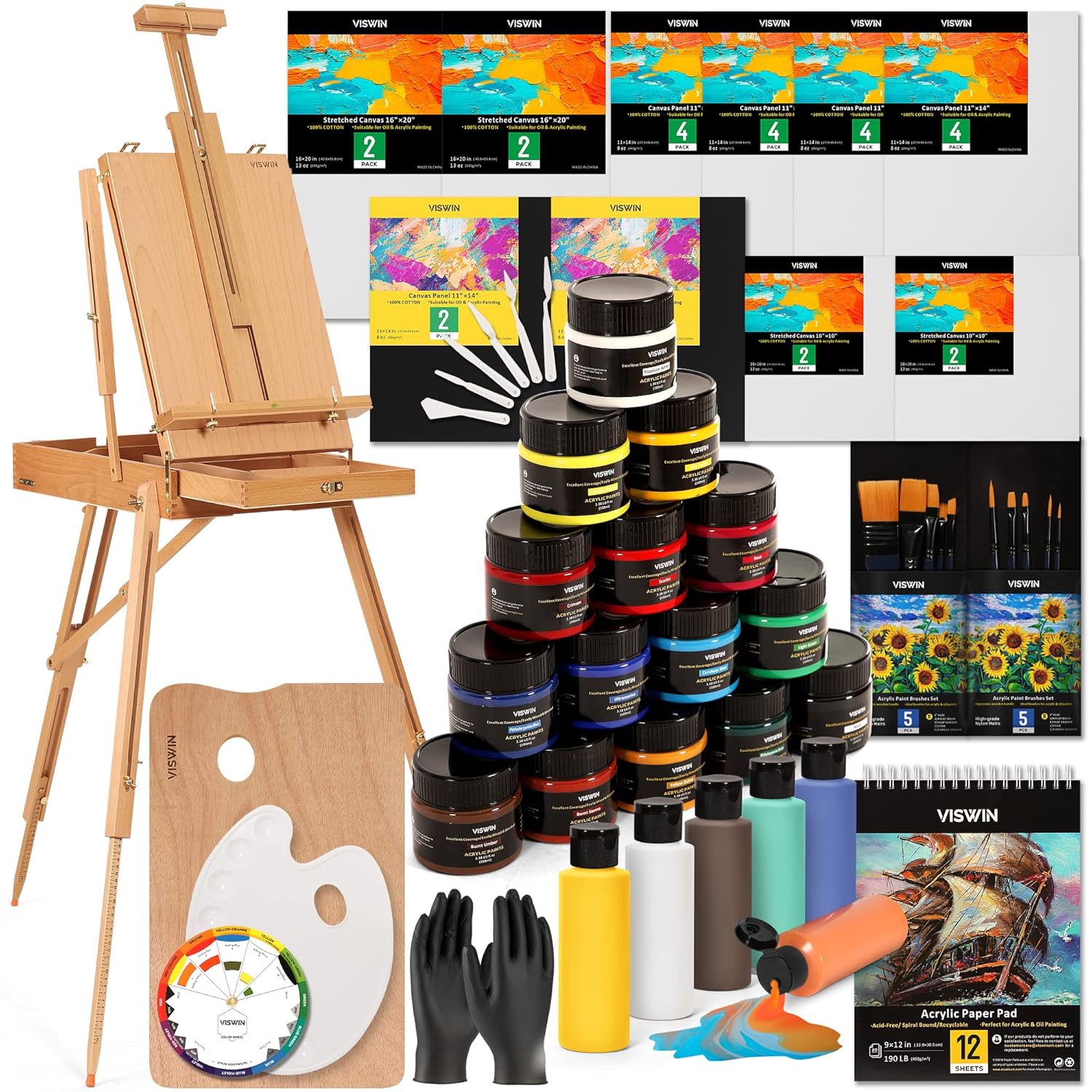 Acrylic Paint Set With French Easel, Professional Painting Kit With Acrylic, Pouring Paints, Brushes, Canvas, Art Supplies, Art Set For Adults, Artists, Beginners