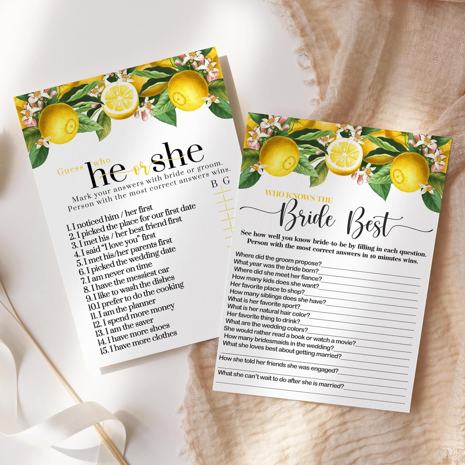 Lemon Bridal Shower Games - Bundle Includes He Said Or She Said & Who Knows The Bride Best - 25 Double-Sided Cards - Fun Ideas For Engagement Parties & Rehearsal Dinners - Main Squeeze Design