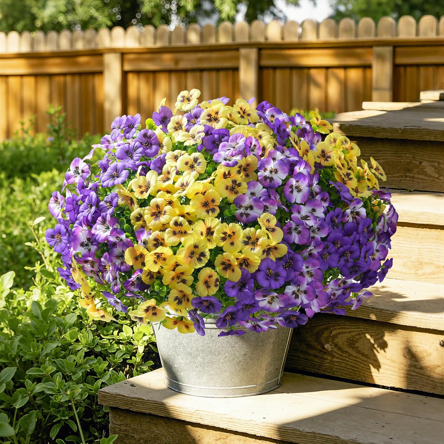 Artificial Fake Pansy Flowers For Outdoor Outside, 20Pcs Faux Silk Mixed Pansies Uv Resistant Flowers For Porch Yard Patio Window Box Home Decor (Purple Yellow Gradient Purple)