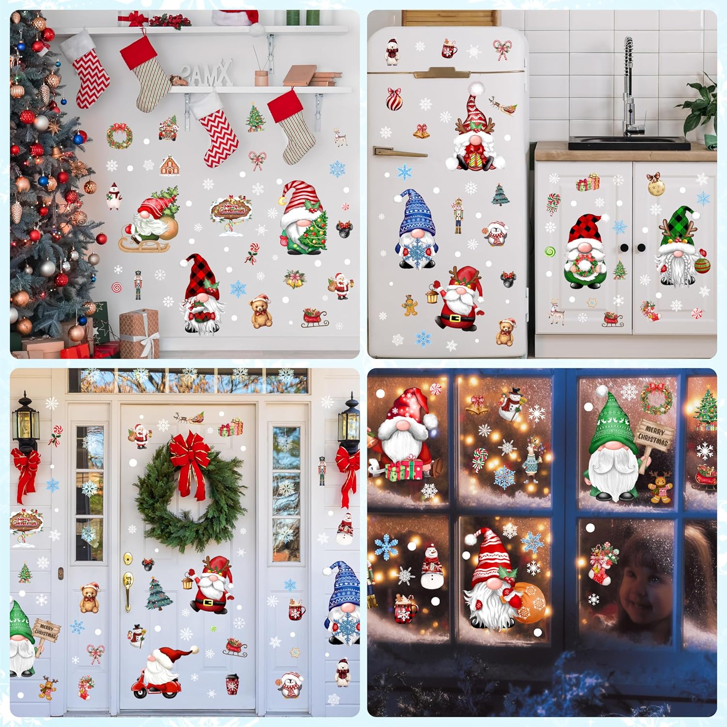 Christmas Gnomes Wall Stickers Decoration 12 Sheets, Christmas Wall Decals Holiday Gnome Decor, Winter Snowflake Vinyl Stickers For Living Room Bedroom Home Office Decor