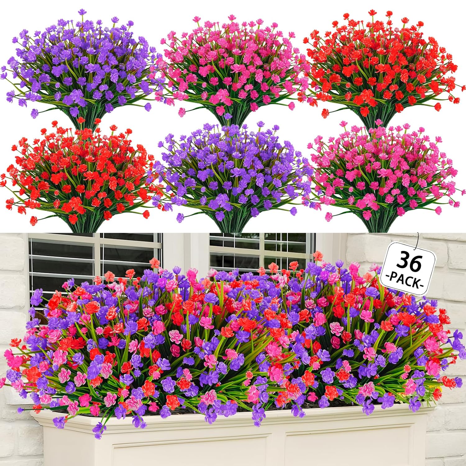 36 Pcs Artificial Flowers For Outdoors, Uv Resistant Faux Plastic Plants, Fake Flowers For Hanging Planters, Window Boxes, Garden, Porch, Wedding Decor