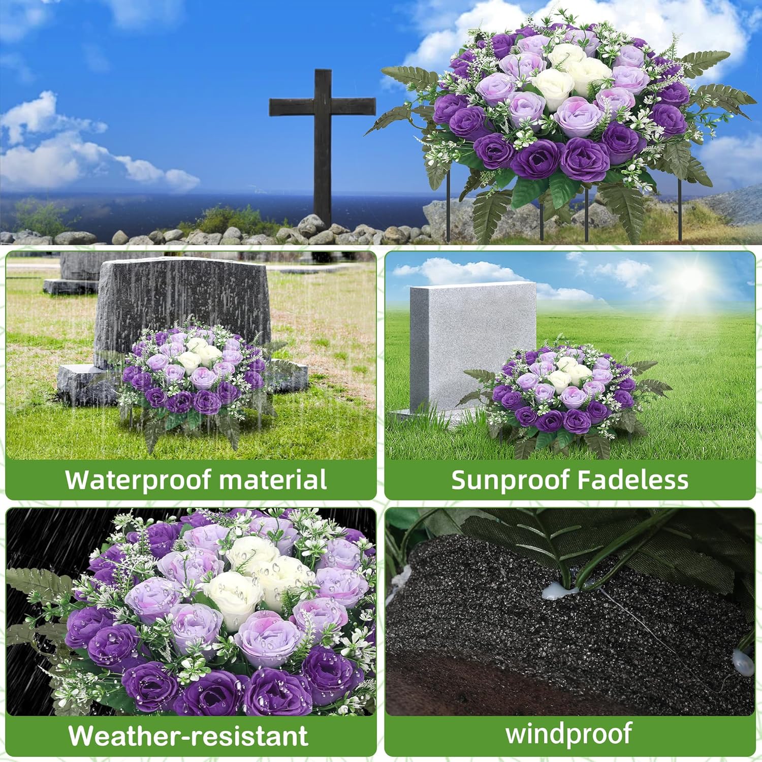 Artificial Cemetery Flowers,Silk Memorial Cake For Cemetery,Artificial Flower Centrepieces For Tables,Artificial Rose Graveyard Memorial Flowers For Headstones Decoration (Purple)