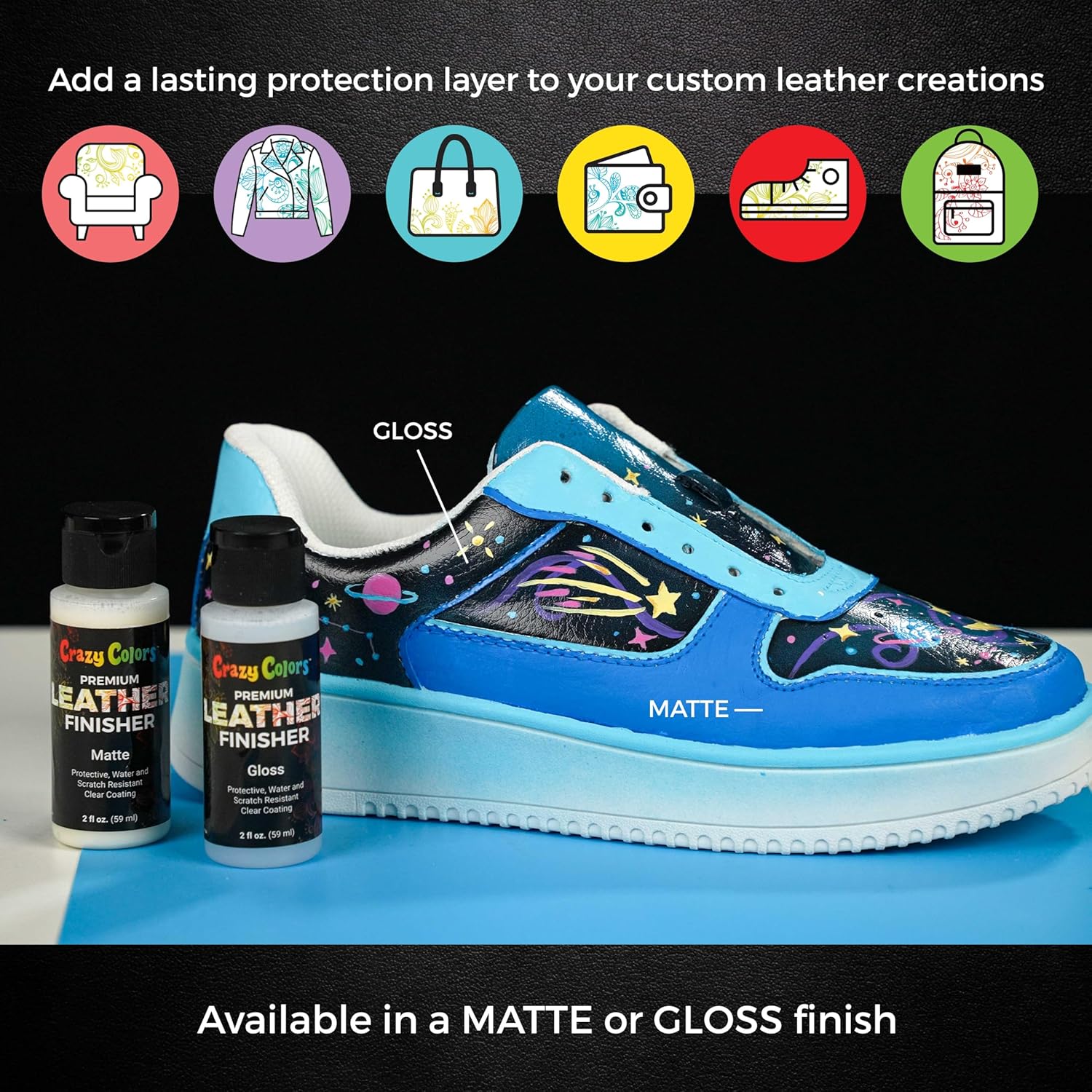 Premium Dull Matte Acrylic Leather And Shoe Paint Finisher, 2 Oz Bottle - Clearcoat Sealant Protection - Durable Scratch, Crack, Peel, Fade Resistant Finish - Artwork Jackets, Bags Purses