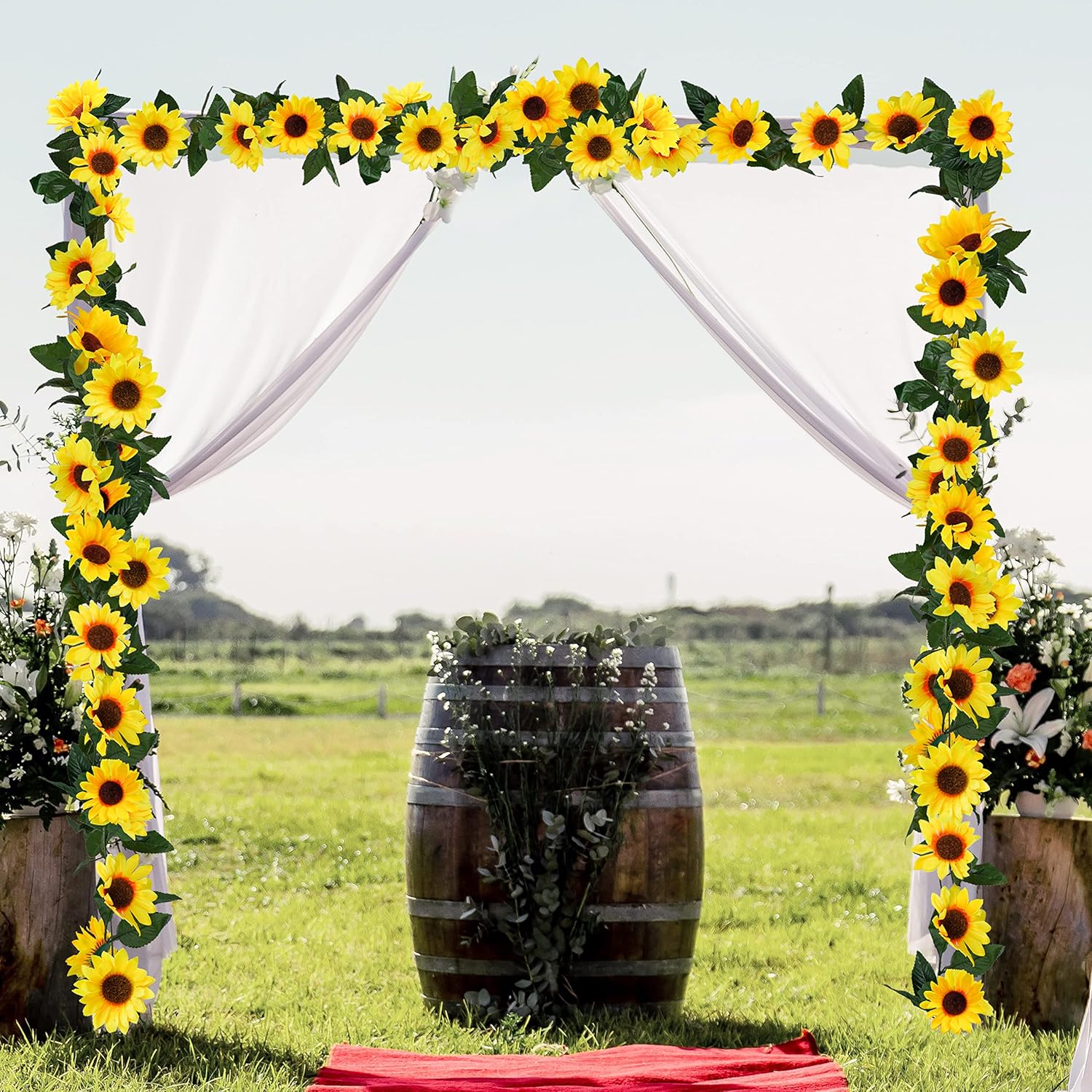 3 Pack Artificial Sunflower Garland, 7.5Ft/Strand Silk Sunflowers Hanging Vines Flowers With Green Leaves For Room Kitchen Garden Birthday Wedding Baby Shower Party Table Decor Large