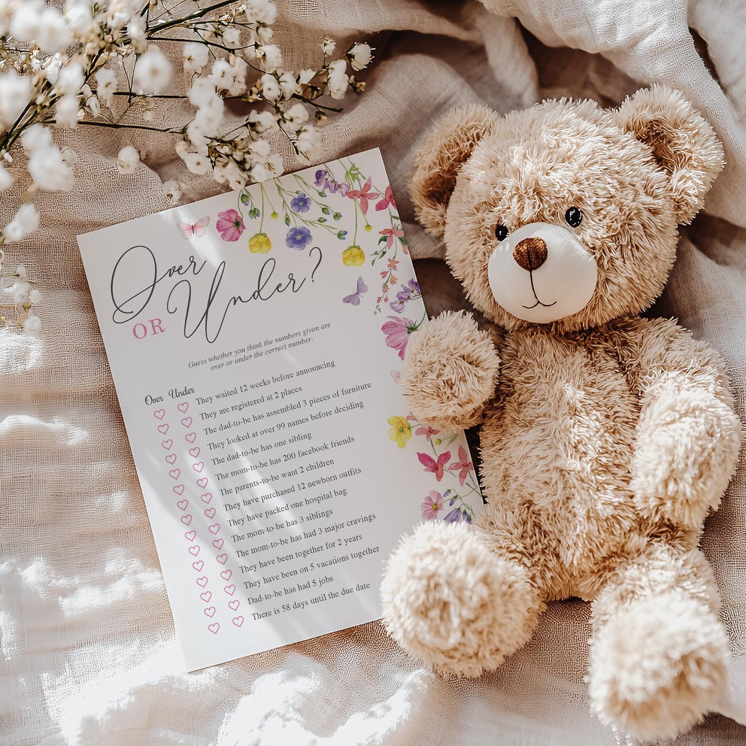 Wildflower Baby Shower Games, Floral Garden Boho Baby Shower Party Activities For 25 Guests, Guest Quest, Who Knows Mommy Best, What Did Dad Say & Over Or Under