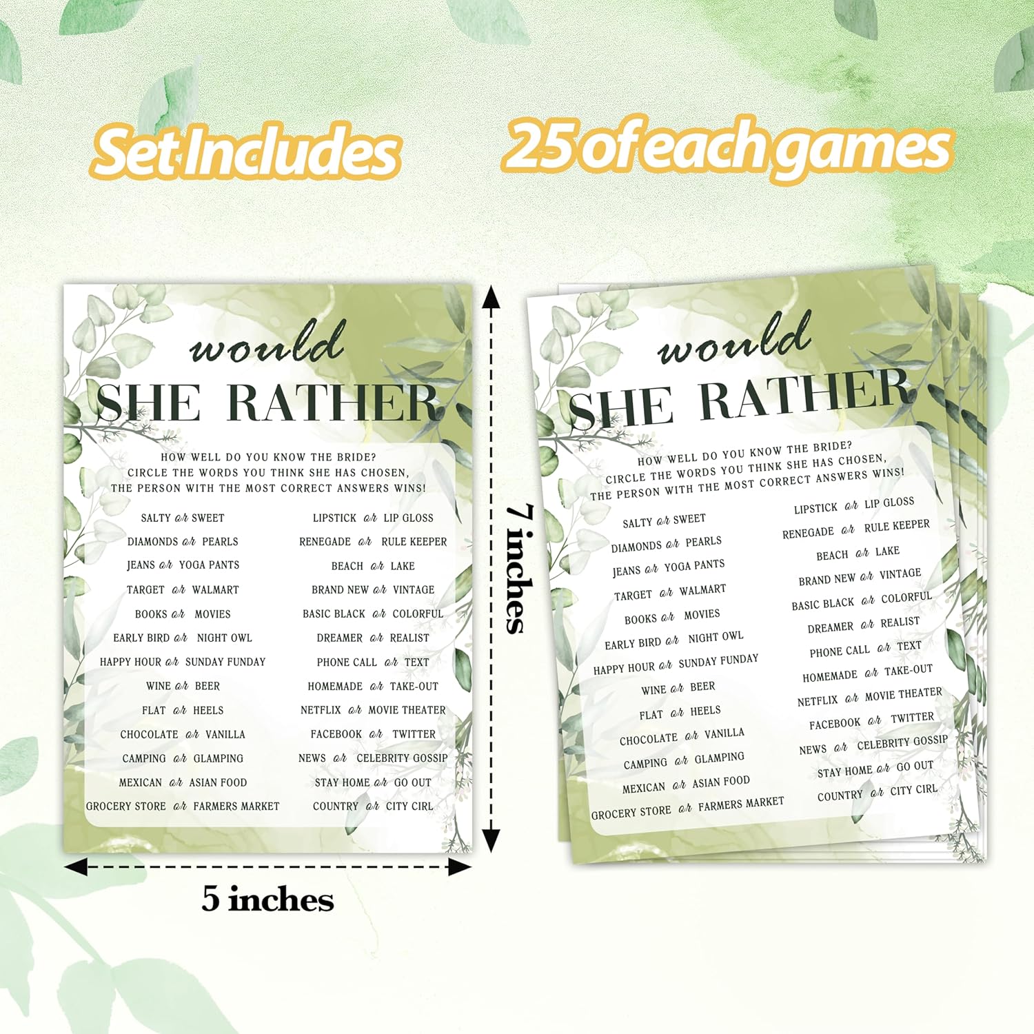 Greenery Bridal Shower Games, Funny Wedding Games Would She Rather Games For Guests, Couples Wedding Shower Game For Couples, Bridal Party Supplies, Engagement Party Game, 04