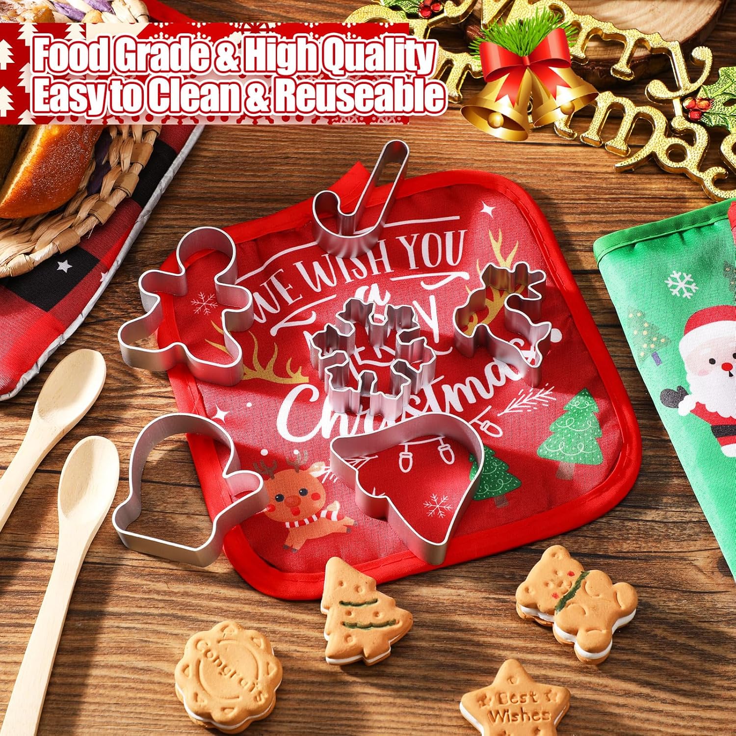48 Pcs Christmas Kitchen Oven Mitts Set Pot Holders Holiday Baking Gift Set With Cookie Cutters Wooden Spoons Merry Christmas Santa Snowman For Xmas Kitchen Supplies Cooking Lover Presents