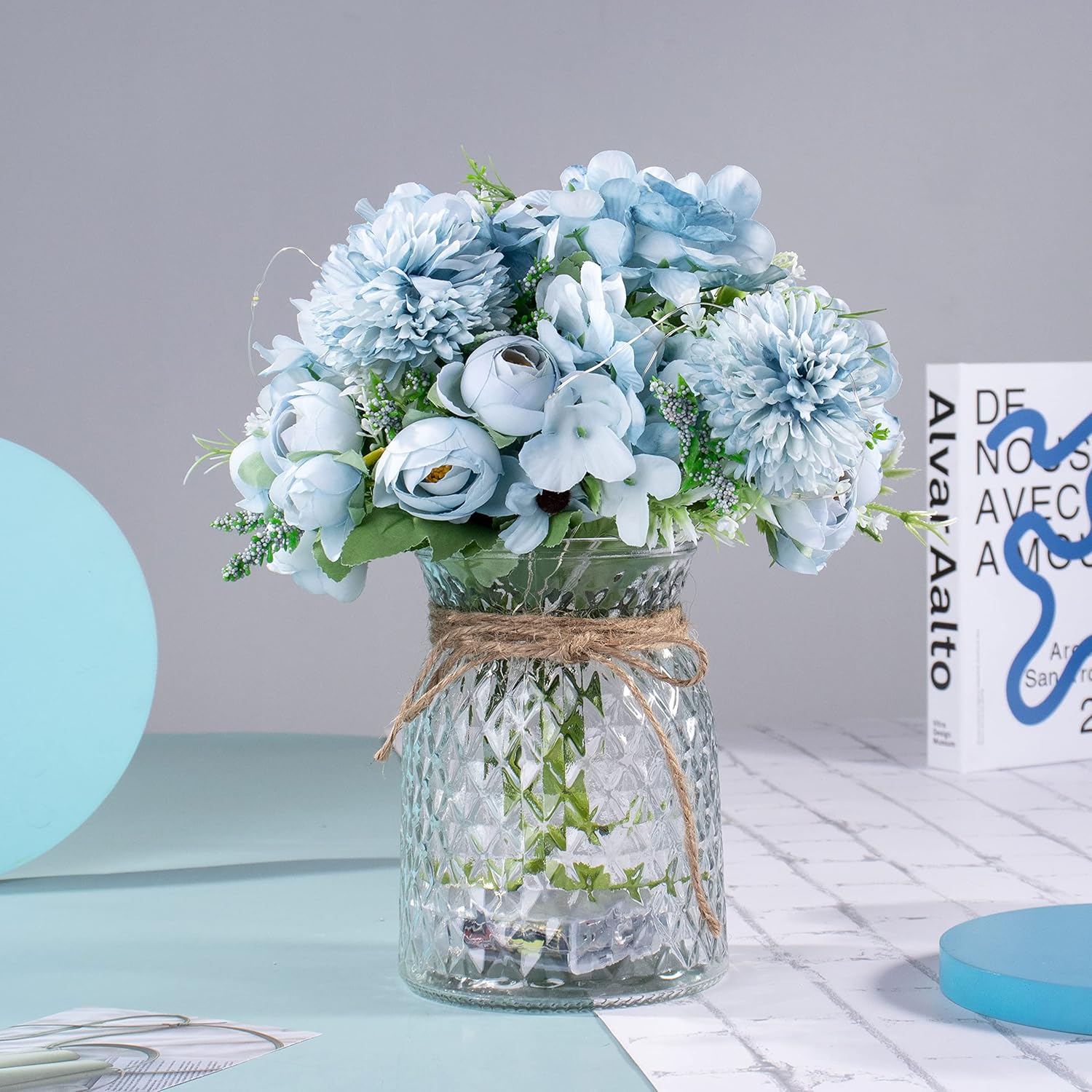 Artificial Led Blue Rose Flowers With Glass Vase, Remote Control Led Light, Flower Arrangement For Table Centerpiece, Home Office Wedding Decoration