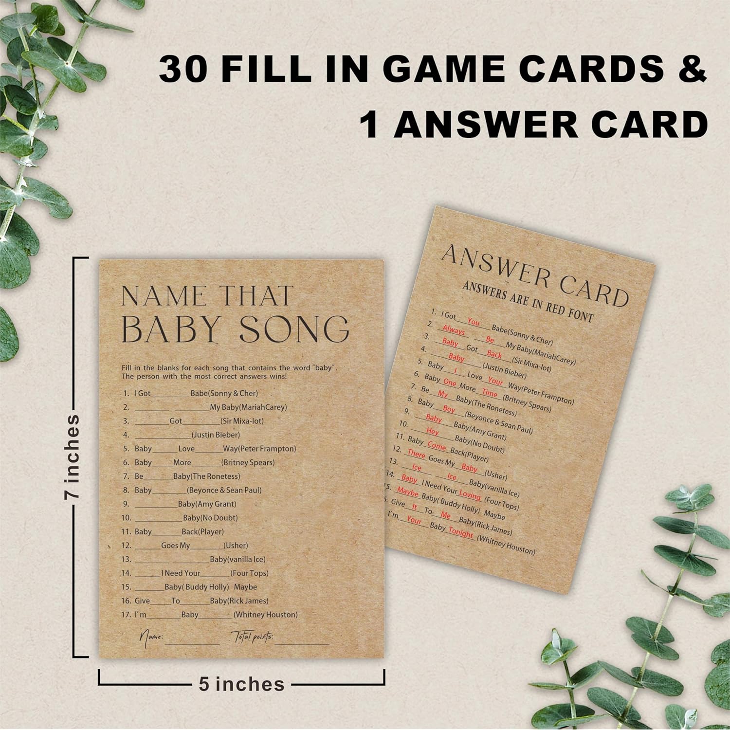 Baby Shower Game - Set Of 30 Kraft Paper Double Print - Name That Baby Song Game Cards With 1 Answer Card For Baby Boy Girl, -Baby Announcements, Gender Reveal Games, Party Favors And Supplies - B12
