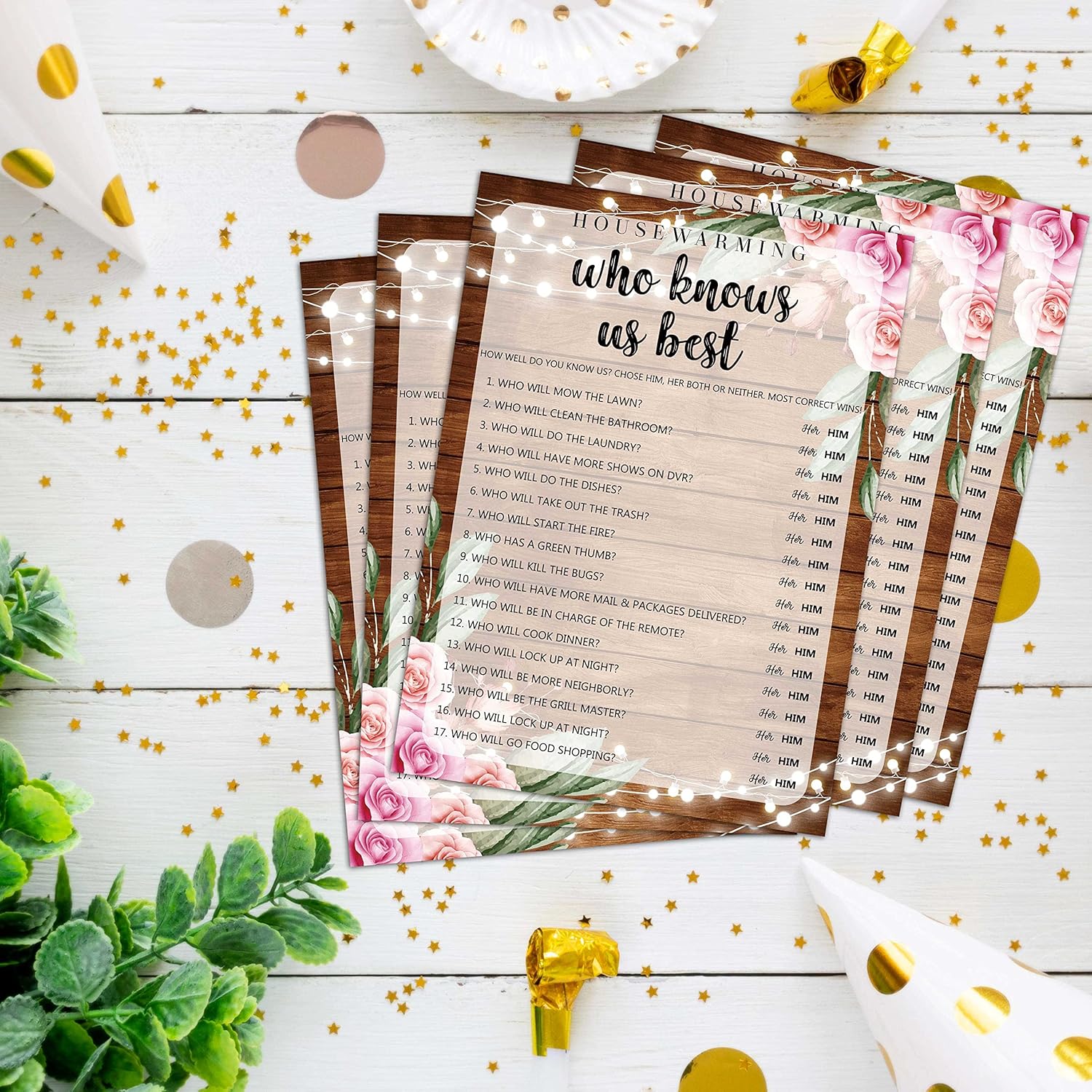 Housewarming Party Games, Who Knows Us Best, Rustic Floral New Home, New House, New Homeowner Party Games Cards, 30 Sheets Each Pack