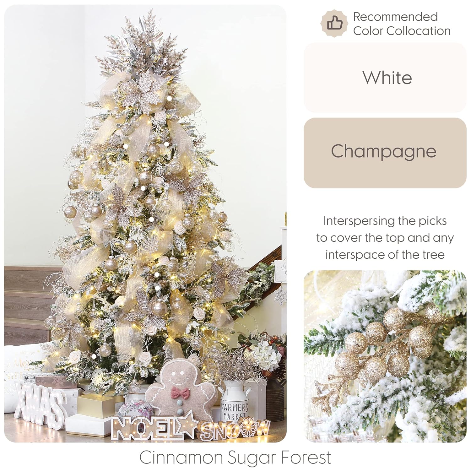 24-Pack Artificial Glitter Holly Berry Twig Ornaments, Decorative Fruit Sticks, Glittery Stems, Picks, Branches For Christmas Tree, Small Vase, Holiday, Wedding, Party (11", Champagne)