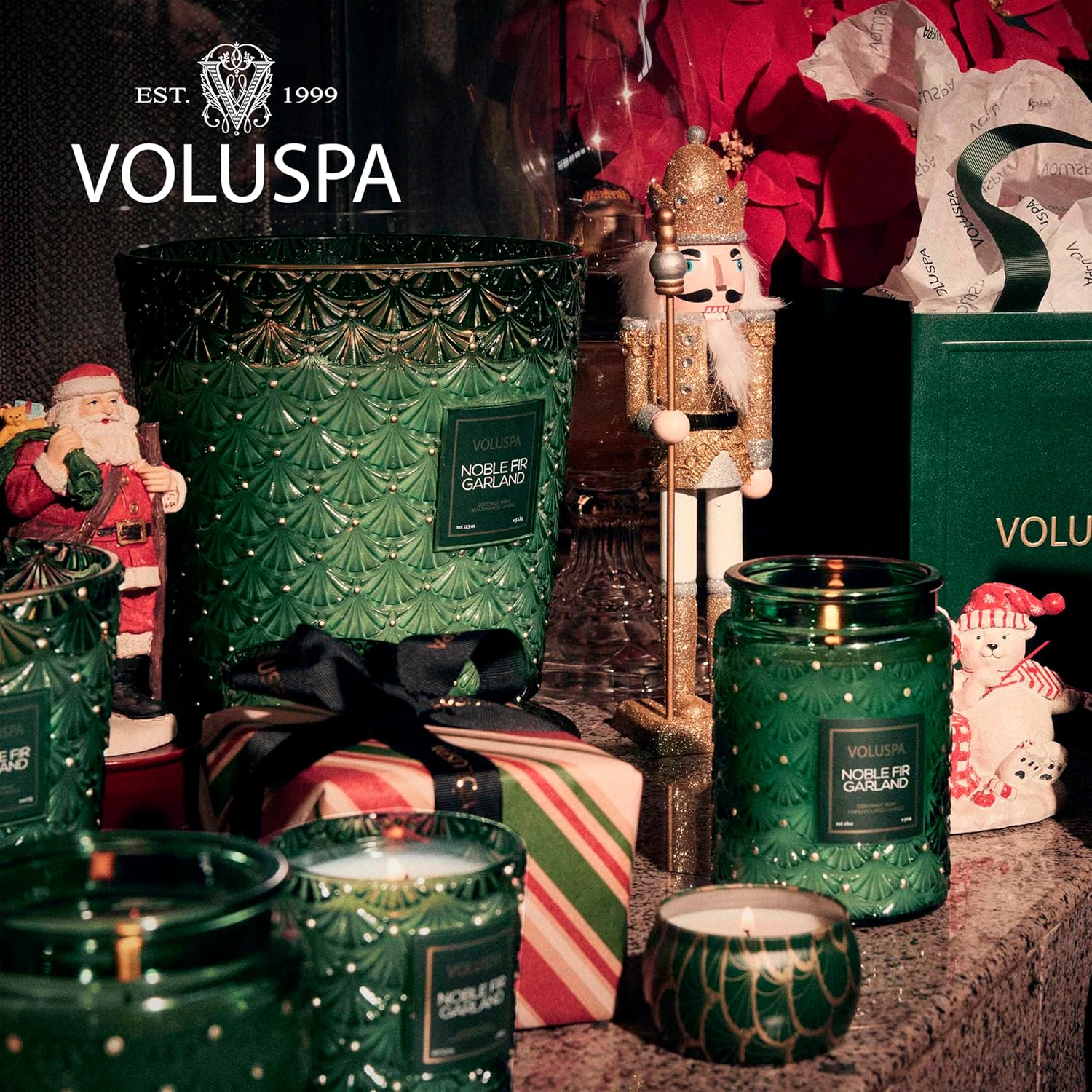 Voluspa Noble Fir Garland, Mini Tin Candle, 4 oz, 25 Hour Burn Time, Coconut Wax Candle for The Home, Poured in The USA