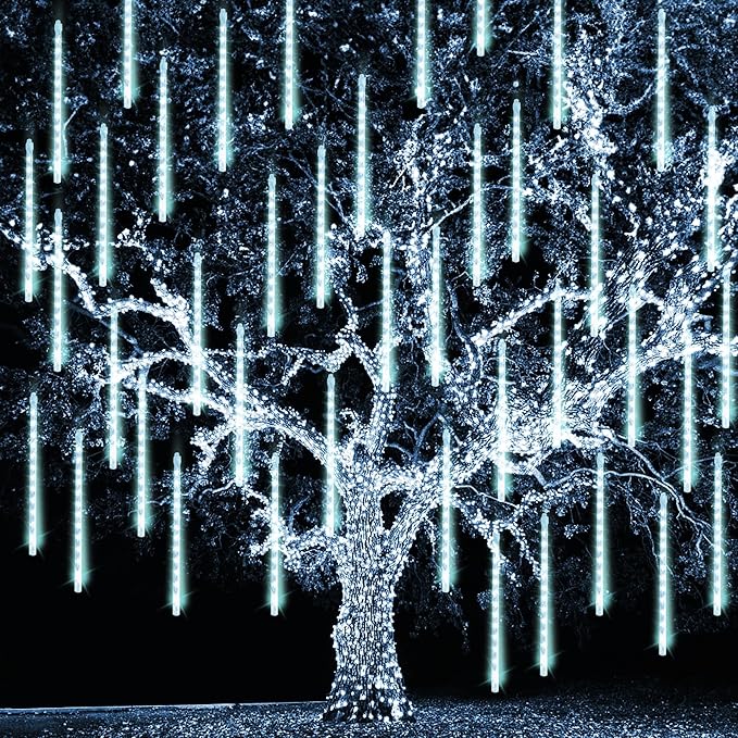 Christmas Meteor Shower Lights Outdoor 864 LED 24 Tube Waterproof White Icicle Snow Falling Plug In Lights