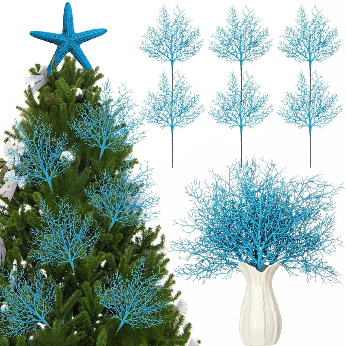 6 Pcs Blue Coastal Ornaments For Christmas Tree Pick 16.9 Inch Coral Coastal Ocean Branch Picks Xmas Artificial Flowers Tree Filler Twigs For Wreath Vase Gift Display