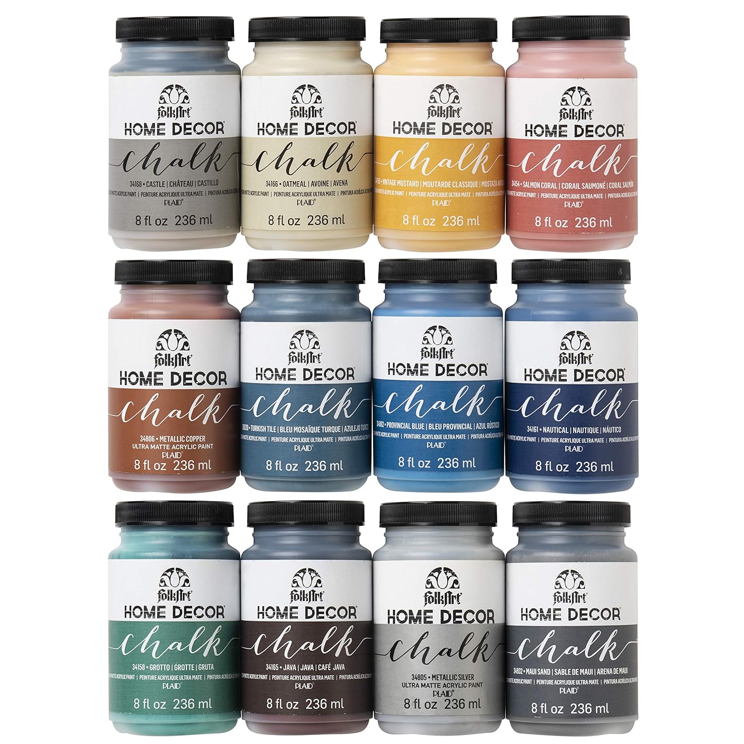 FolkArt Home Decor Ultra Matte Chalk Finish Acrylic Craft Paint Set Formulated for No-Prep Application, Designed for Beginners and Artists 8 Fl Oz (Pack of 12)