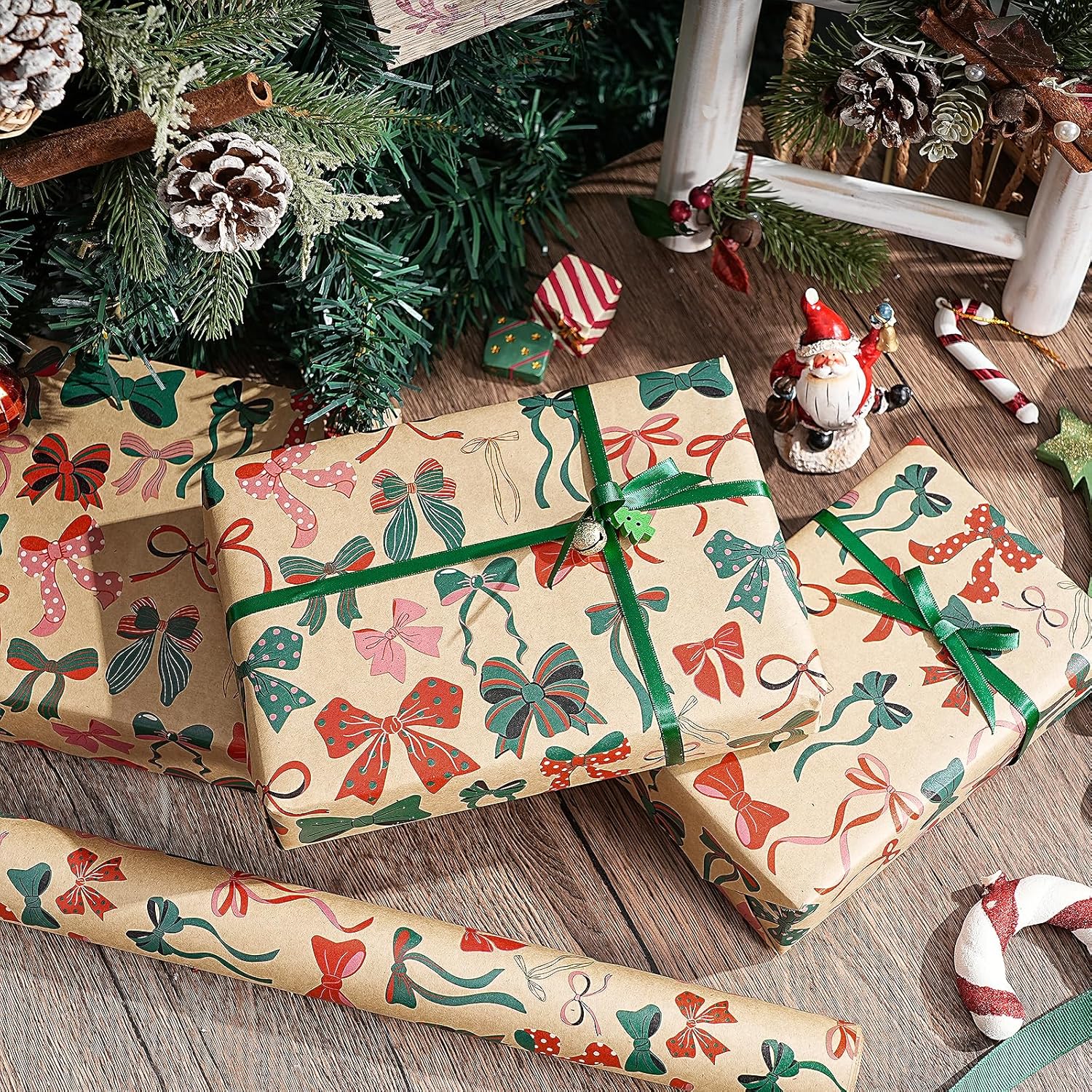 Kraft Christmas Wrapping Paper Roll For Girls, Mini Roll, Colorful Bow Design With Red, Green And Pink Ribbons, Kraft Gift Wrap For Christmas, Birthday, Holiday Party, 17 Inches X 16.4 Feet