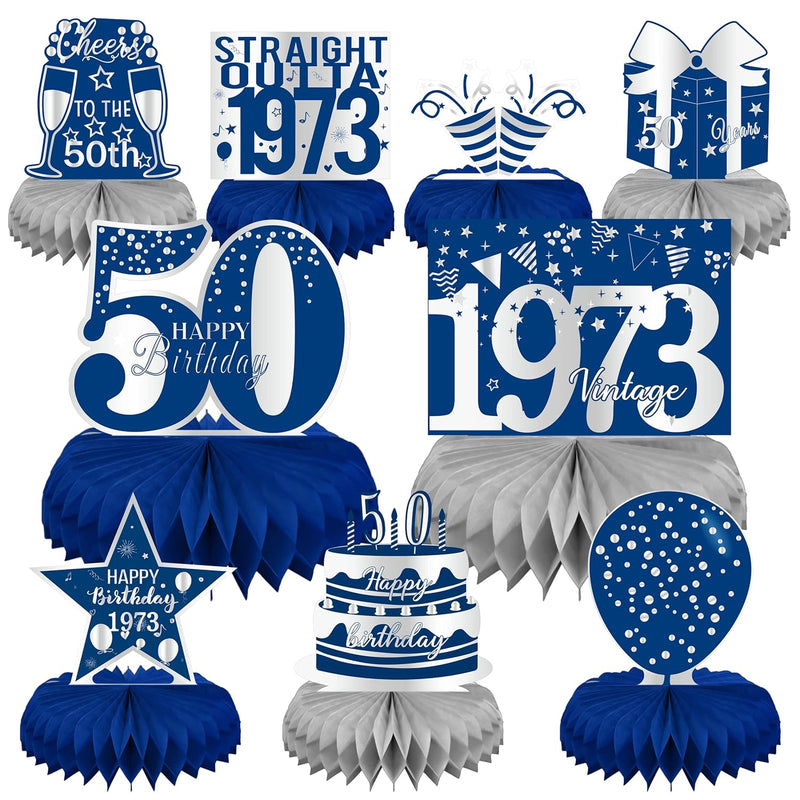 50Th Birthday Decorations For Men - Blue And Silver Honeycomb Centerpi