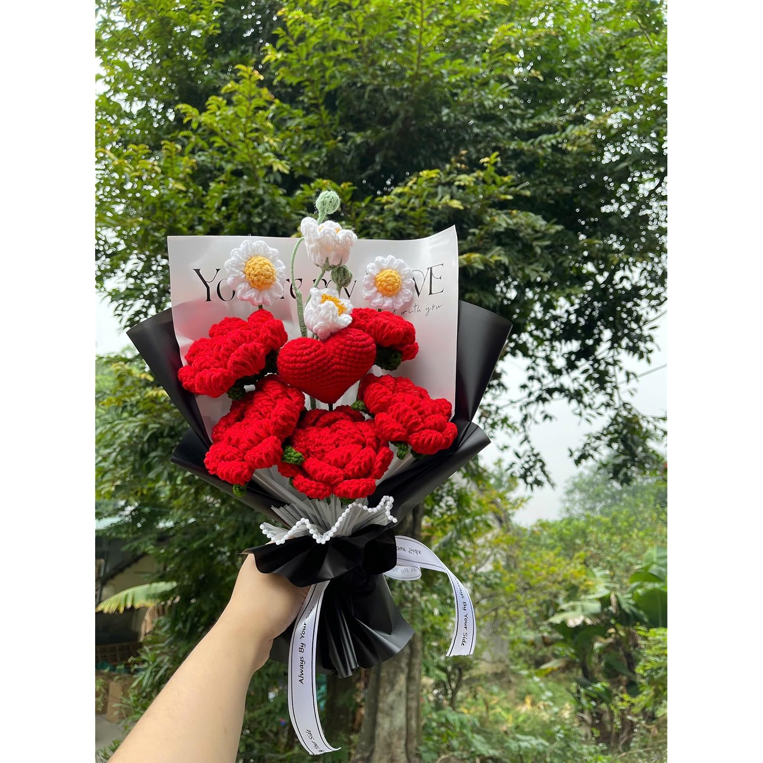 Completed Red Heart Crochet Flowers Bouquet, Handmade Knitted Bouquet For Valentine, Couple, Crochet Artificial Flowers Of Rose As Gift For Mother, Friends, Daughter, Home Decor (Red Rose)