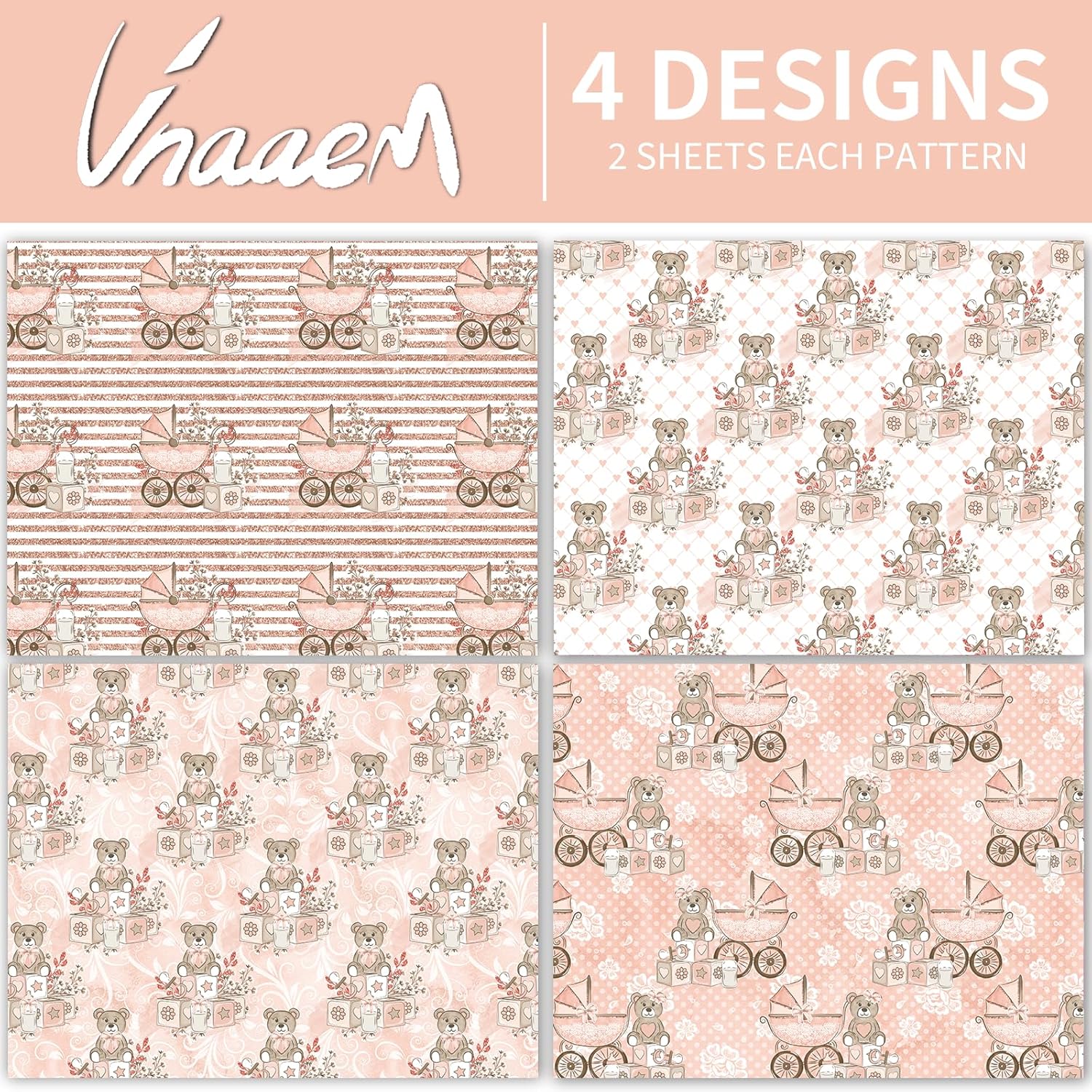 Baby Girl Wrapping Paper 8 Pc Pink Gifts Wrap Bear Stroller Patterns For Kids Girls Baby Shower Birthday Holiday 19.6 X27.8Inch