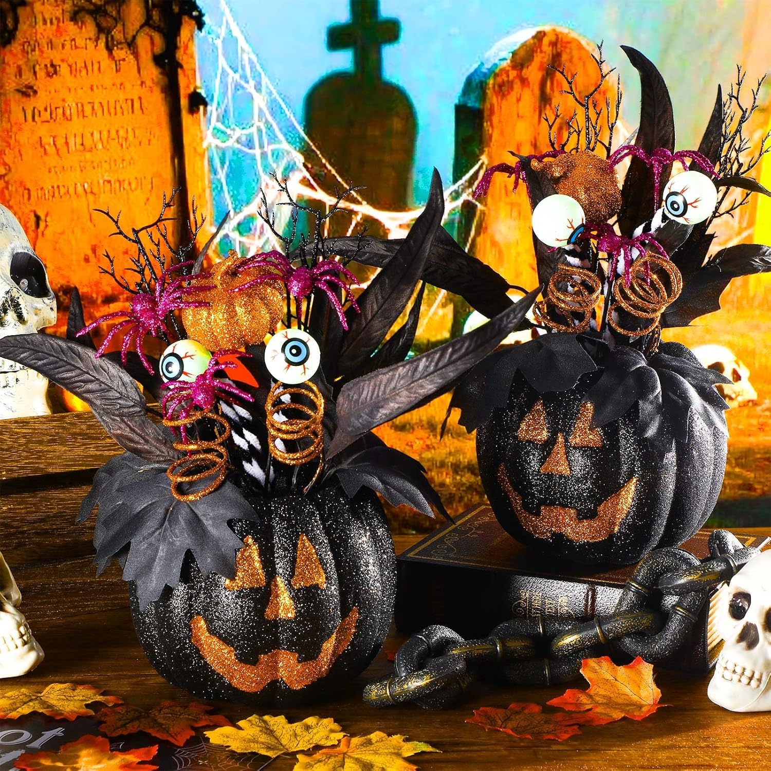 2 Pack Halloween Table Centerpieces Decorations 14'' X 10'' Pumpkin Table Artificial Flowers Tabletop Decor With Spider And Eyeball Halloween Tabletop Decor For Home Kitchen Indoor Outdoor