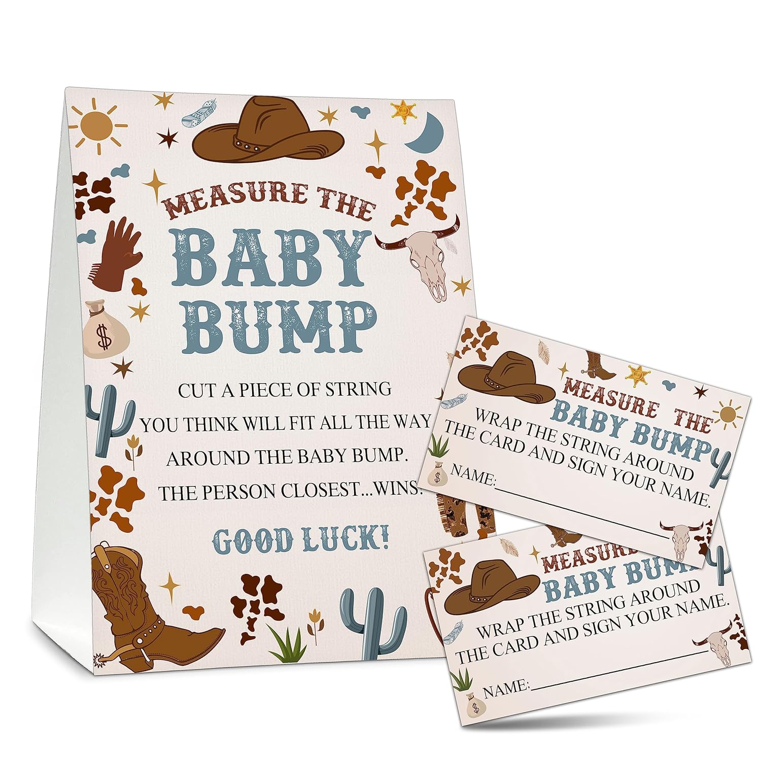 Measure The Baby Bump Baby Shower Game Set, 1 Standing Sign With 50 Guessing Cards, Boho Wild West Gender Reveal Party Decorations Supplies - C05
