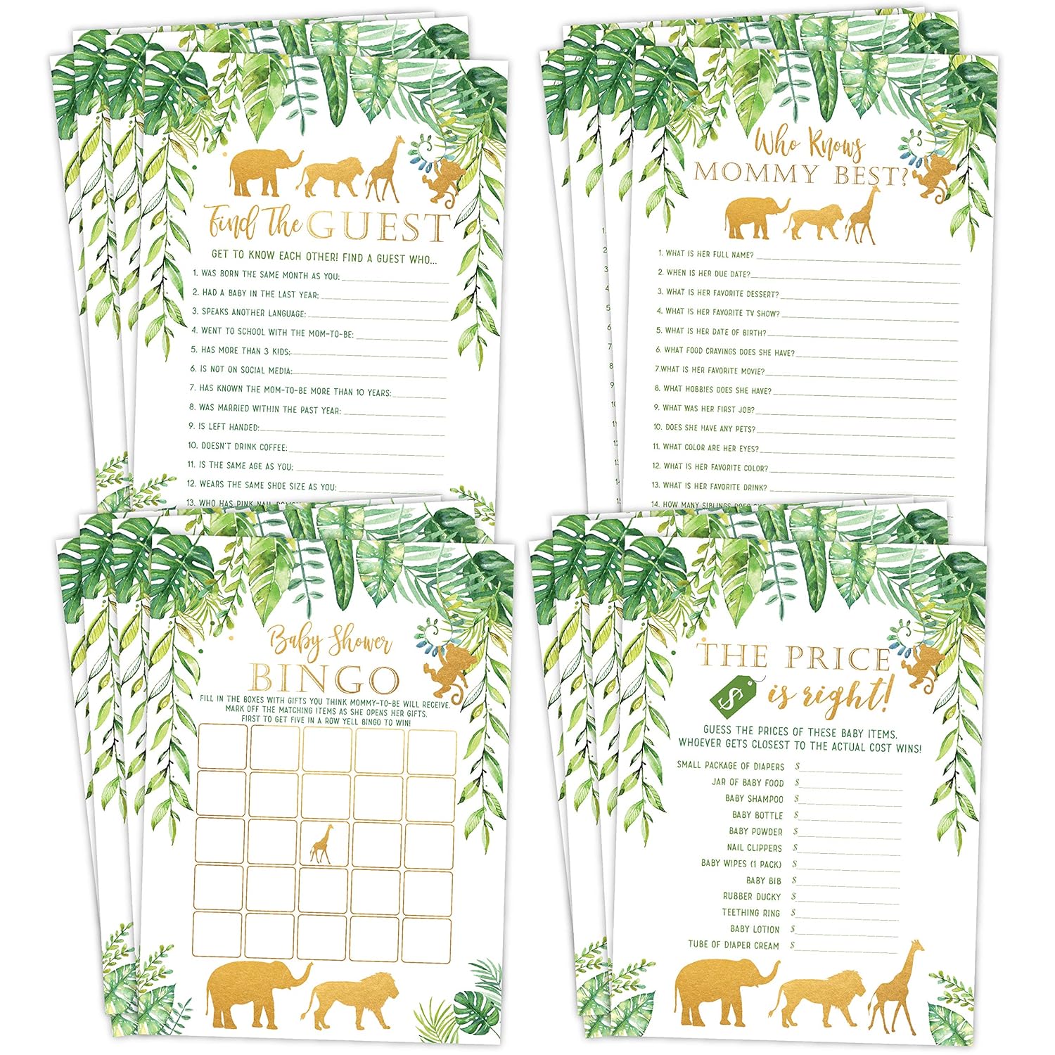 Jungle Baby Shower Games - 25 Each - Bingo, Find The Guest, The Price Is Right, Who Knows Mommy Best - Jungle Animals Theme - Printed Front And Back, 1 Game Per Side