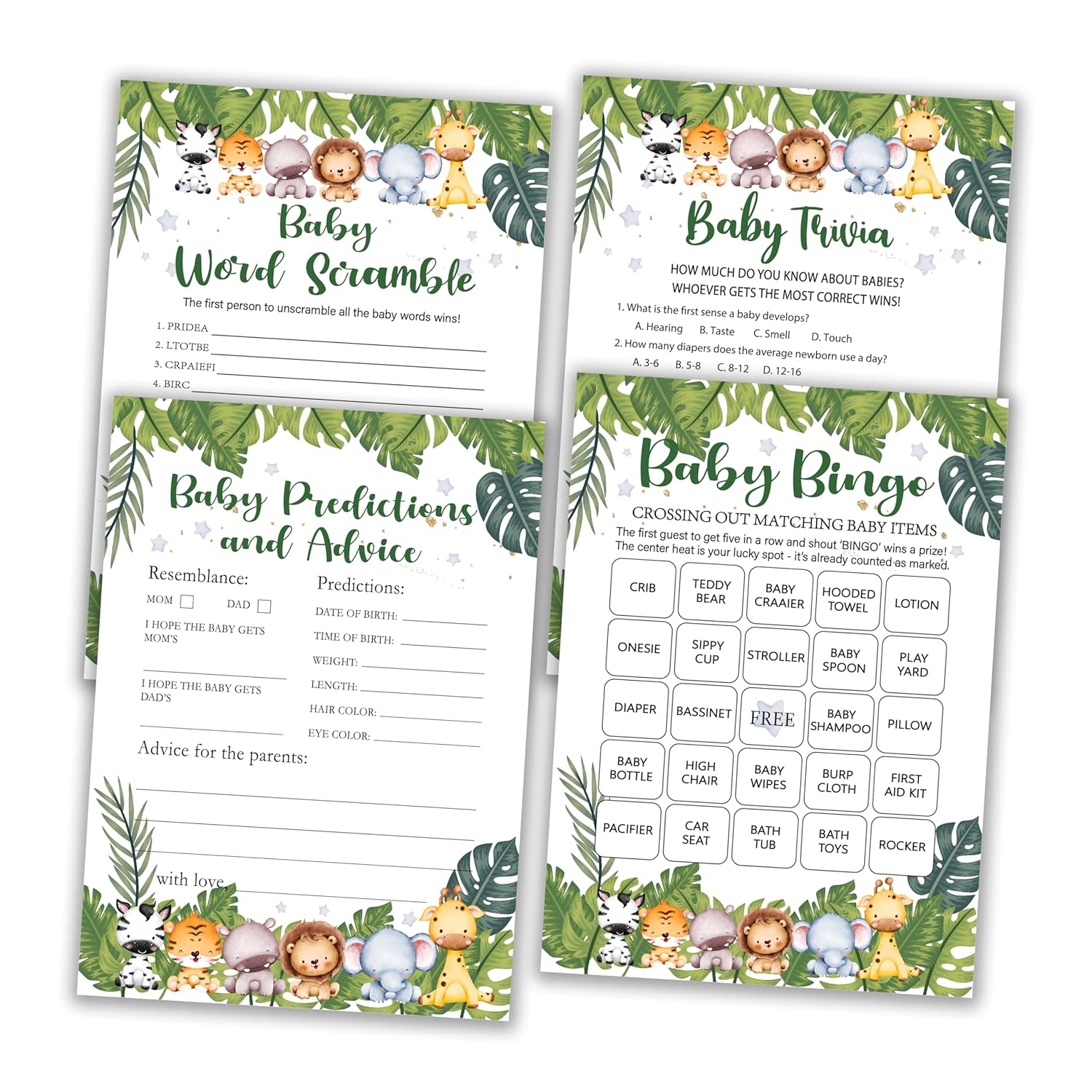 Safari Animals Baby Shower Games Card Set, Includes Baby Word Scramble, Baby Trivia, Baby Predictions And Advice, Baby Shower Bingo, Baby Shower Gender Reveal Party Decoration Favors, Set Of 50 -01