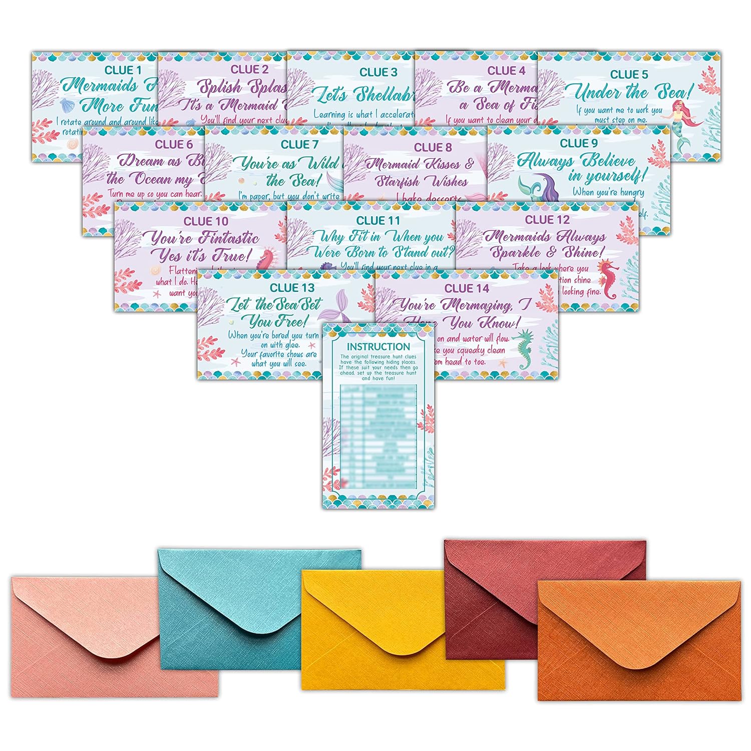 Mermaid Treasure Hunt Clues Cards, Mermaid Party Scavenger Hunt Card Game(15 Cards With Envelopes), Ocean Themed Birthday Party Supplies Activities For Kids Adults, Under The Sea Party Decor(02)