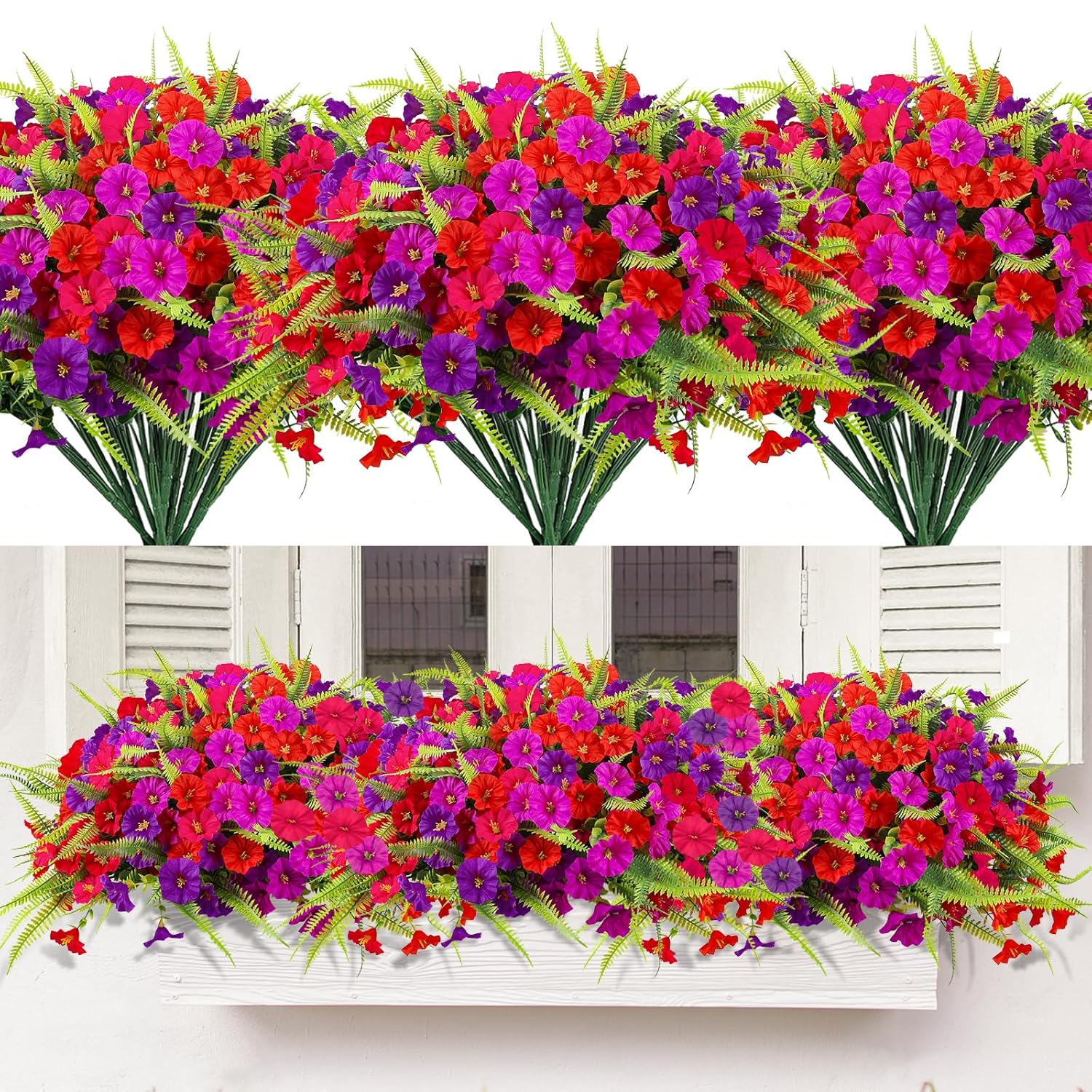 Artificial Flowers For Outdoors 12 Bundles Artificial Petunias Fake Flowers Uv Resistant Shrubs Plants With Fern For Indoor Outside Hanging Planters Home Garden Spring Summer Decorations