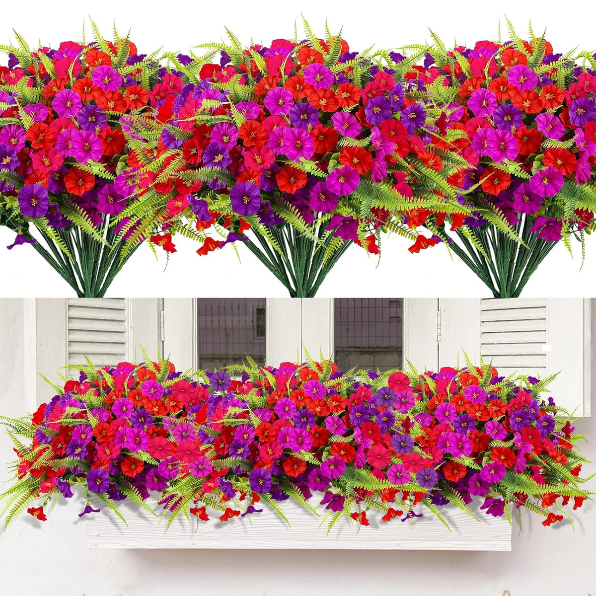 Artificial Flowers For Outdoors 12 Bundles Artificial Petunias Fake Flowers Uv Resistant Shrubs Plants With Fern For Indoor Outside Hanging Planters Home Garden Spring Summer Decorations