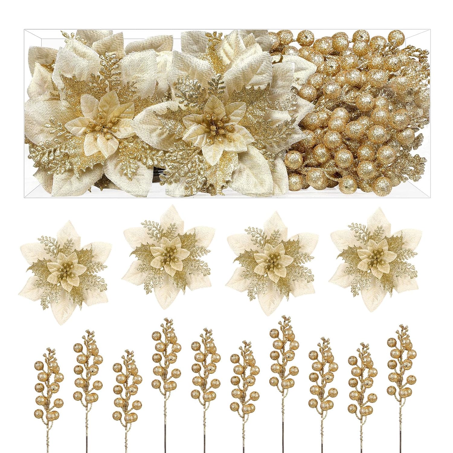 24 Pieces Christmas Tree Decorations, 12 Pcs Gold Poinsettia Flowers Artificial And 12 Pcs Glitter Christmas Tree Picks For Christmas Decorations Party Wreath Fireplace Stairs, Gold