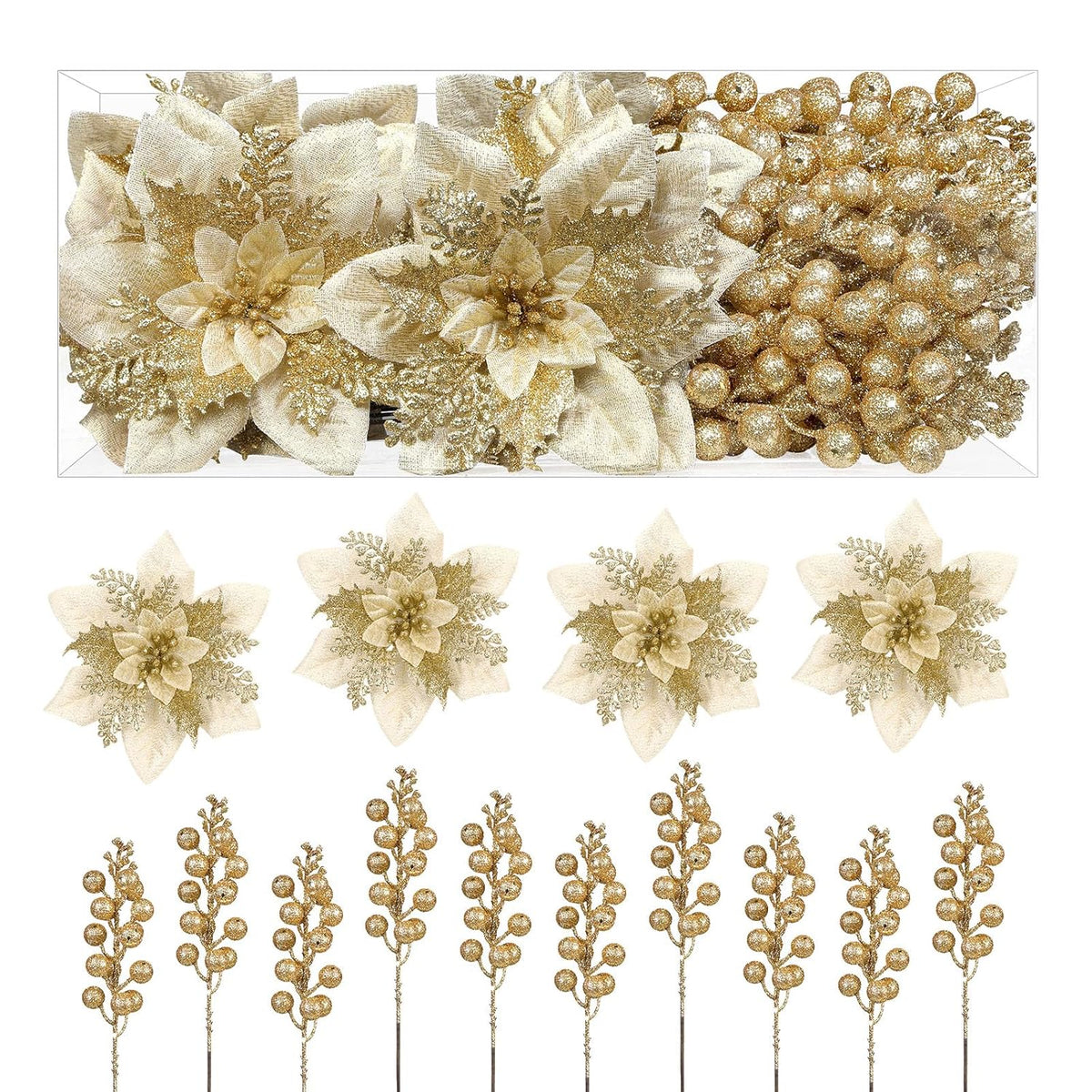 24 Pieces Christmas Tree Decorations, 12 Pcs Gold Poinsettia Flowers Artificial And 12 Pcs Glitter Christmas Tree Picks For Christmas Decorations Party Wreath Fireplace Stairs, Gold