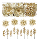 24 Pieces Christmas Tree Decorations, 12 Pcs Gold Poinsettia Flowers Artificial And 12 Pcs Glitter Christmas Tree Picks For Christmas Decorations Party Wreath Fireplace Stairs, Gold