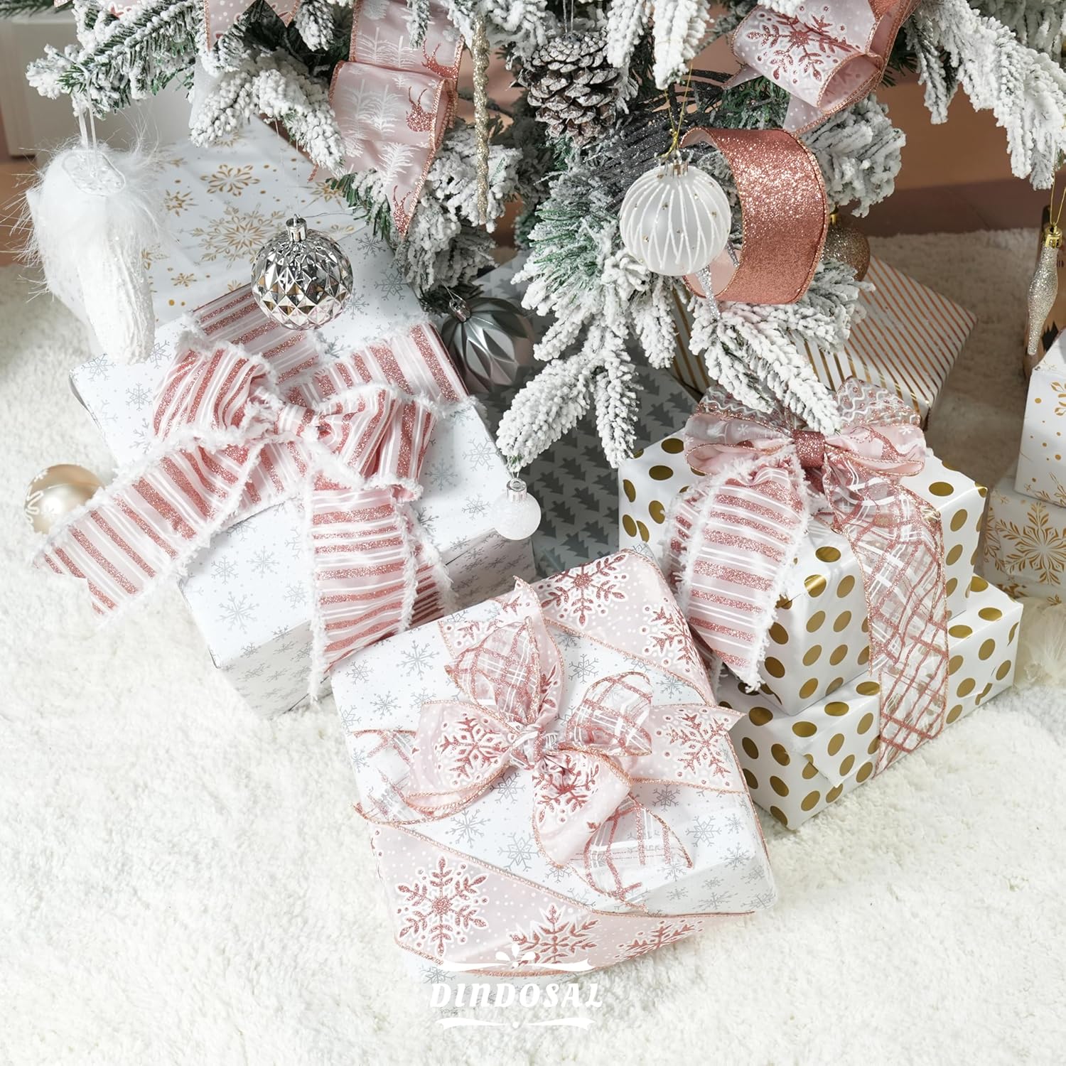 Rose Gold Christmas Ribbon Wired 2.5" Pink Christmas Tree Ribbon Garland Rose Gold Glitter Wired Ribbon For Crafts, Wreaths, Topper Bows, Gift Wrapping, Home Decor (6 Rolls 36 Yards)