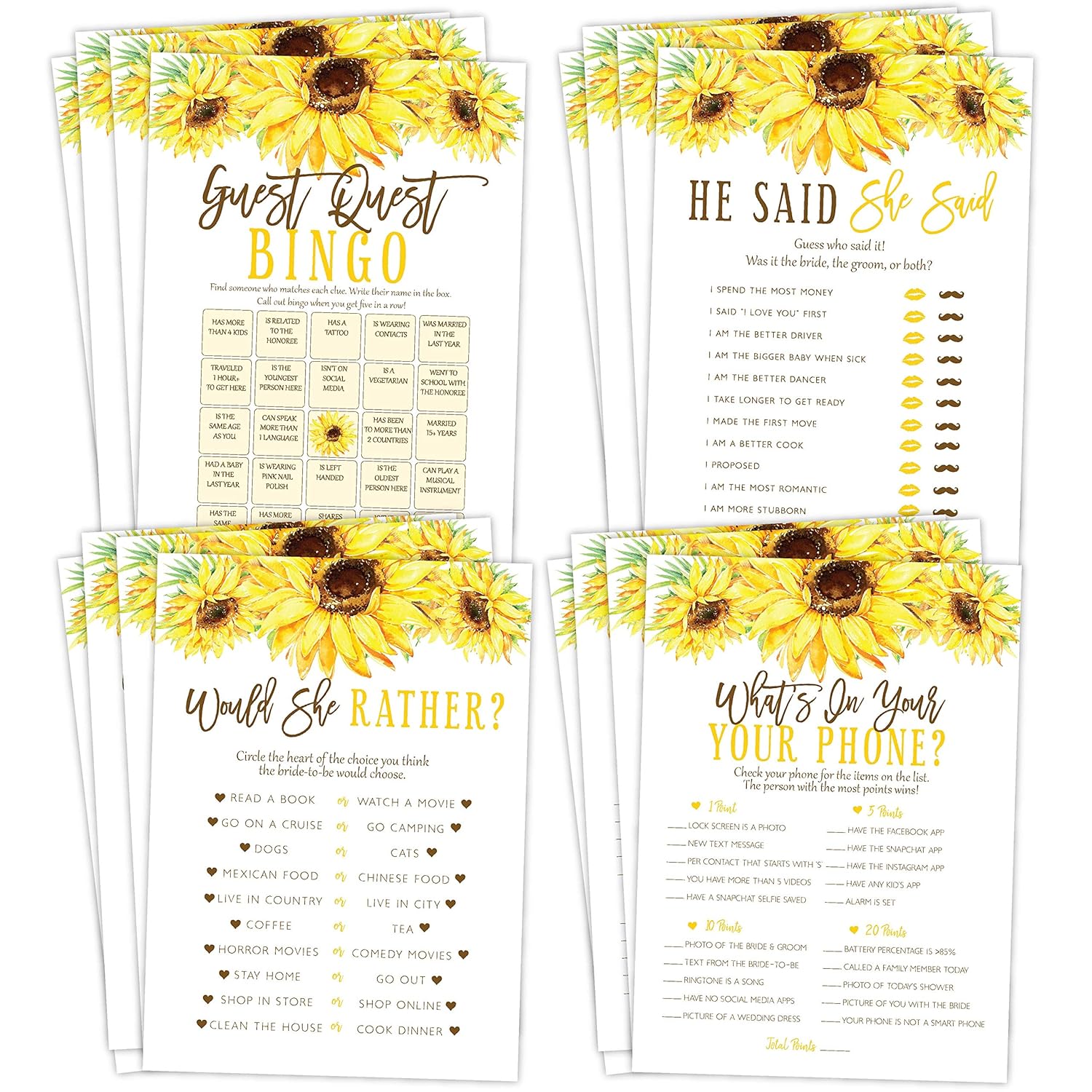 Sunflower Bridal Shower Bachelorette Games - He Said She Said, Find The Guest Quest, Would She Rather, Phone Game - 25 Games Each, Printed Front And Back, 1 Game Per Side