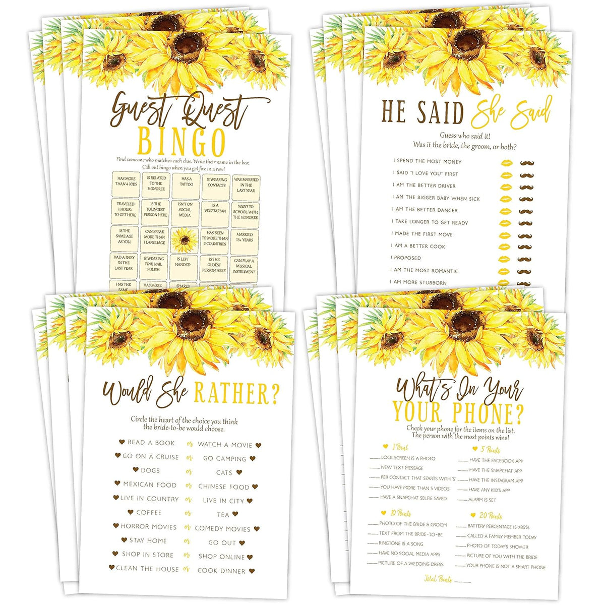 Sunflower Bridal Shower Bachelorette Games - He Said She Said, Find The Guest Quest, Would She Rather, Phone Game - 25 Games Each, Printed Front And Back, 1 Game Per Side