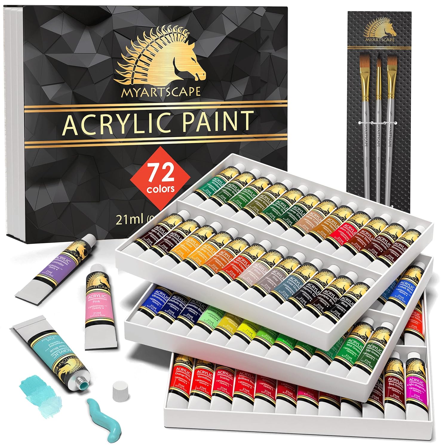 Acrylic Paint Set - 72 X 21Ml Tubes With 3 Paint Brushes Art Supplies - Artist Quality Paints - Lightfast - Heavy Body - Highly Pigmented Colors With Great Coverage - Professional Art