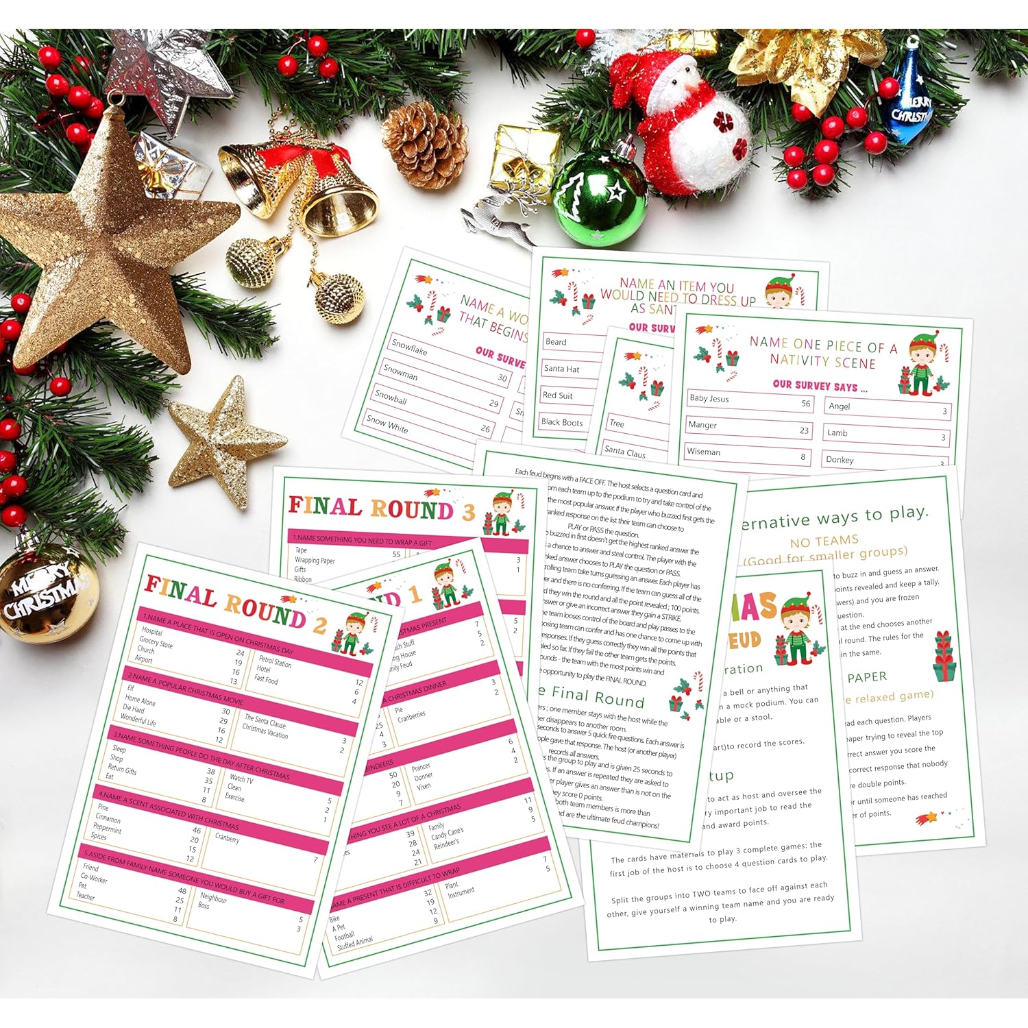 Christmas Friendly Feud Game, Christmas Trivia Quiz, Family Feud Baby Shower Game, Christmas Games For Family Party Activity Favors Supplies-12 Question Cards And 3 Final Rounds Cards-06