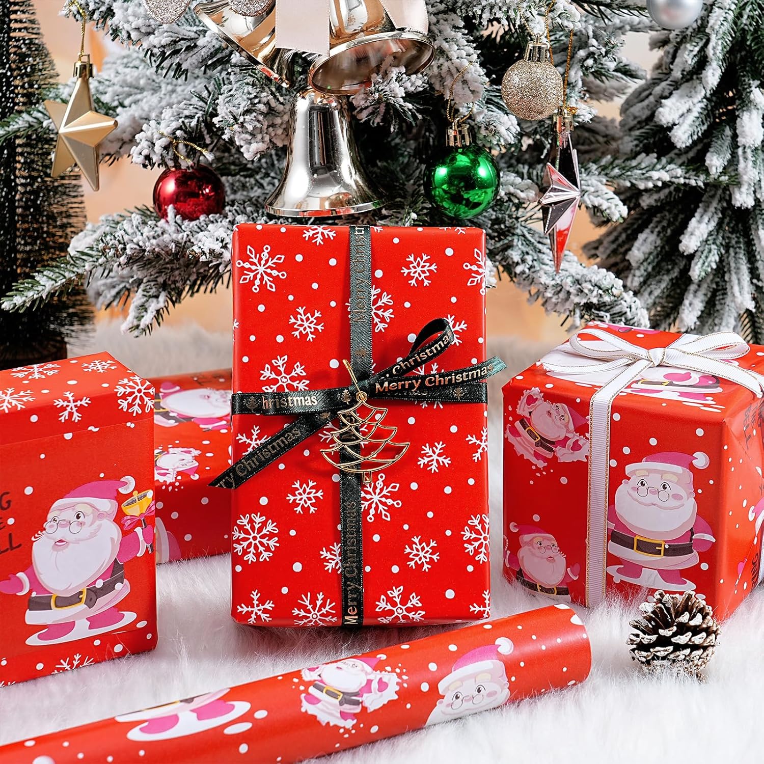 Reversible Christmas Wrapping Paper Roll, Mini Roll, Red Santa Claus And Snowflake Design, Adorable Gift Wrap For Kids, Boys, Girls, Holiday Xmas Presents, 17 Inches X 16.4 Feet