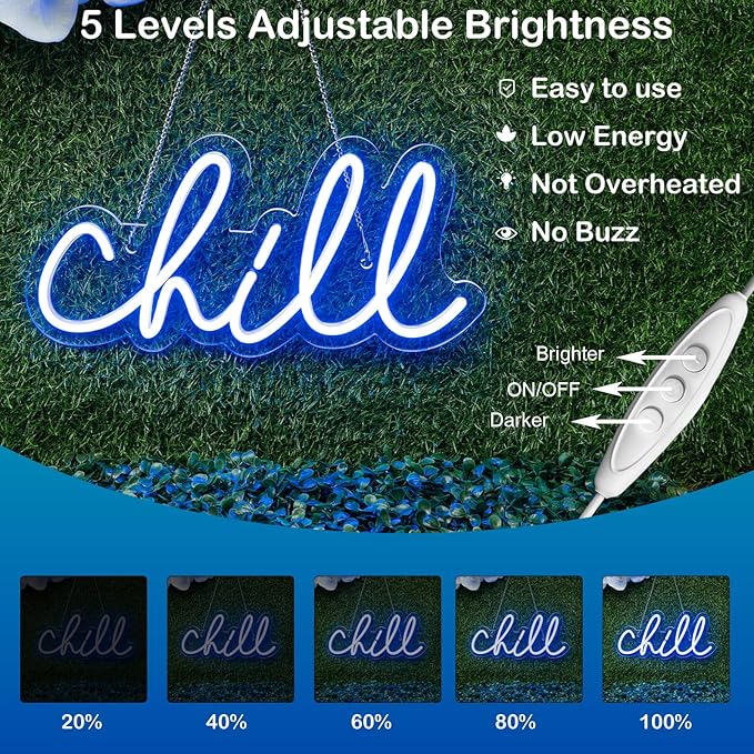Chill Neon Sign Blue LED Wall Light 14 x 7 Inch USB Powered for Bedroom Bar Game Room Decor