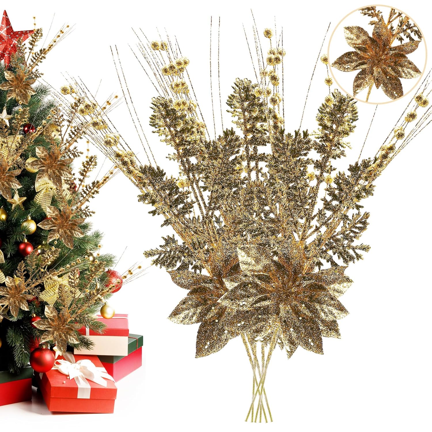 Artificial Glitter Berry Stem Ornaments, 18 Pack 17.5 Inch Rose Gold Fake Christmas Picks Decorations With Poinsettia Christmas Flowers, Bead Sticks For Christmas Tree Wedding Small Vase Wreath Decor