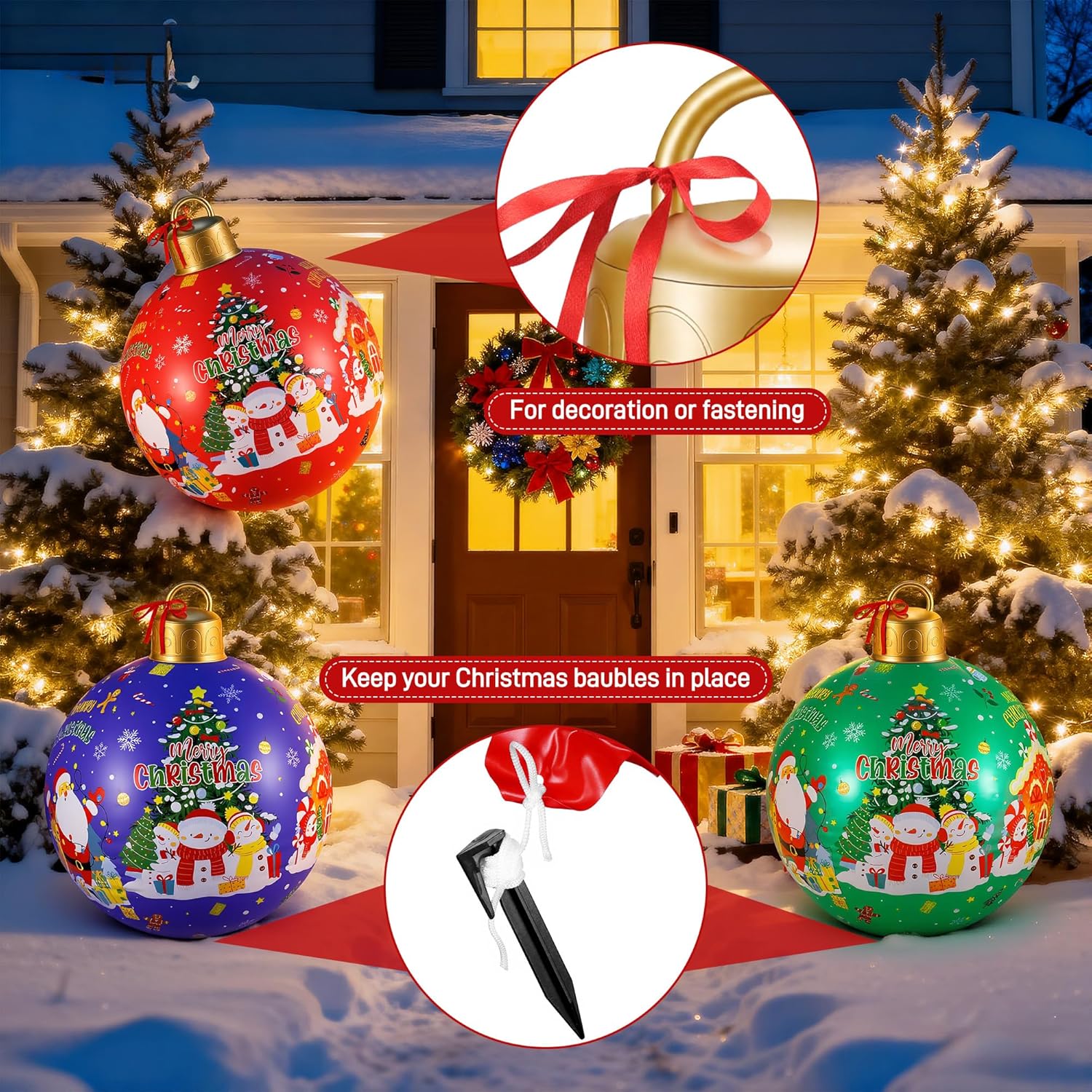 3 Pcs 24 Inch Giant Inflatable Christmas Balls, Large Outdoor Christmas Pvc Ornaments, Big Ball Decorations For Yard Out