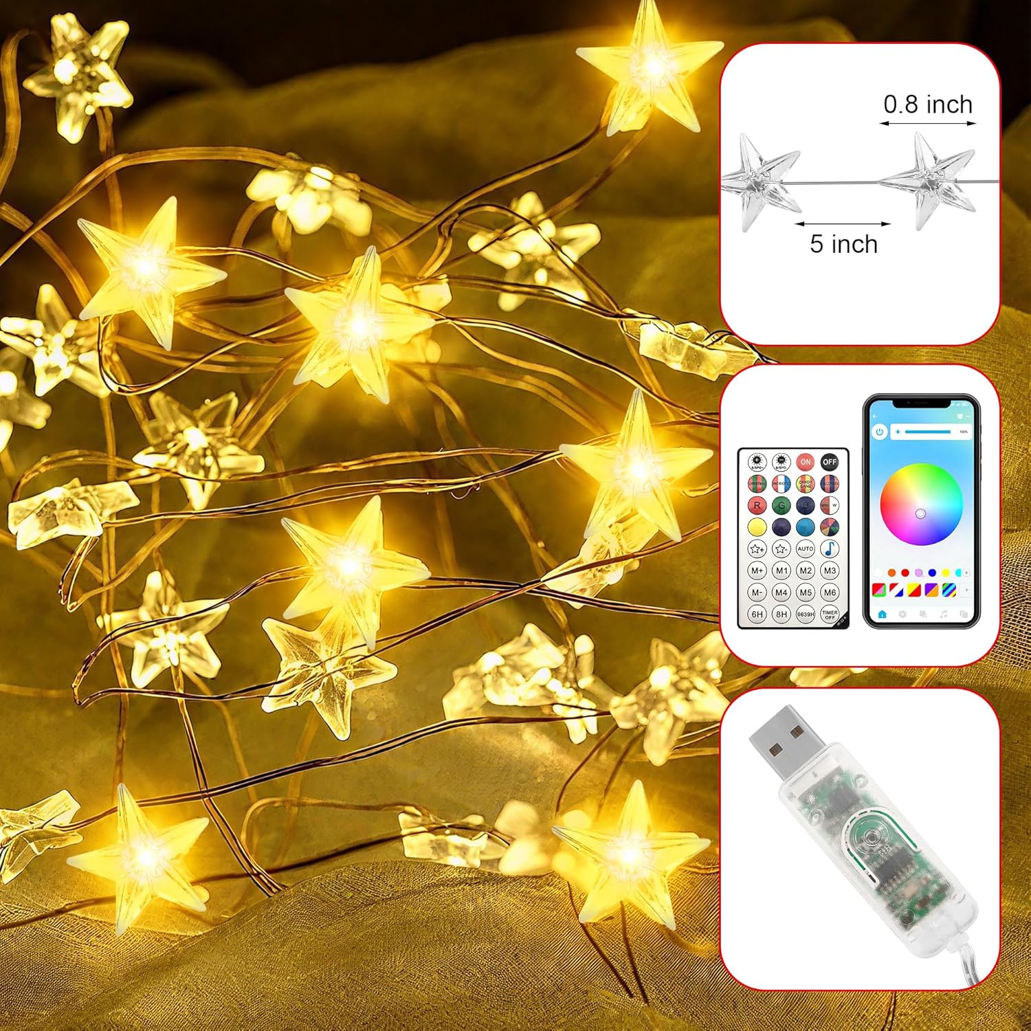 Smart Star Christmas Lights Indoor, 33 Ft 80 Led Usb Star Lights String, App & Remote Control, Timer Music Sync, Star St