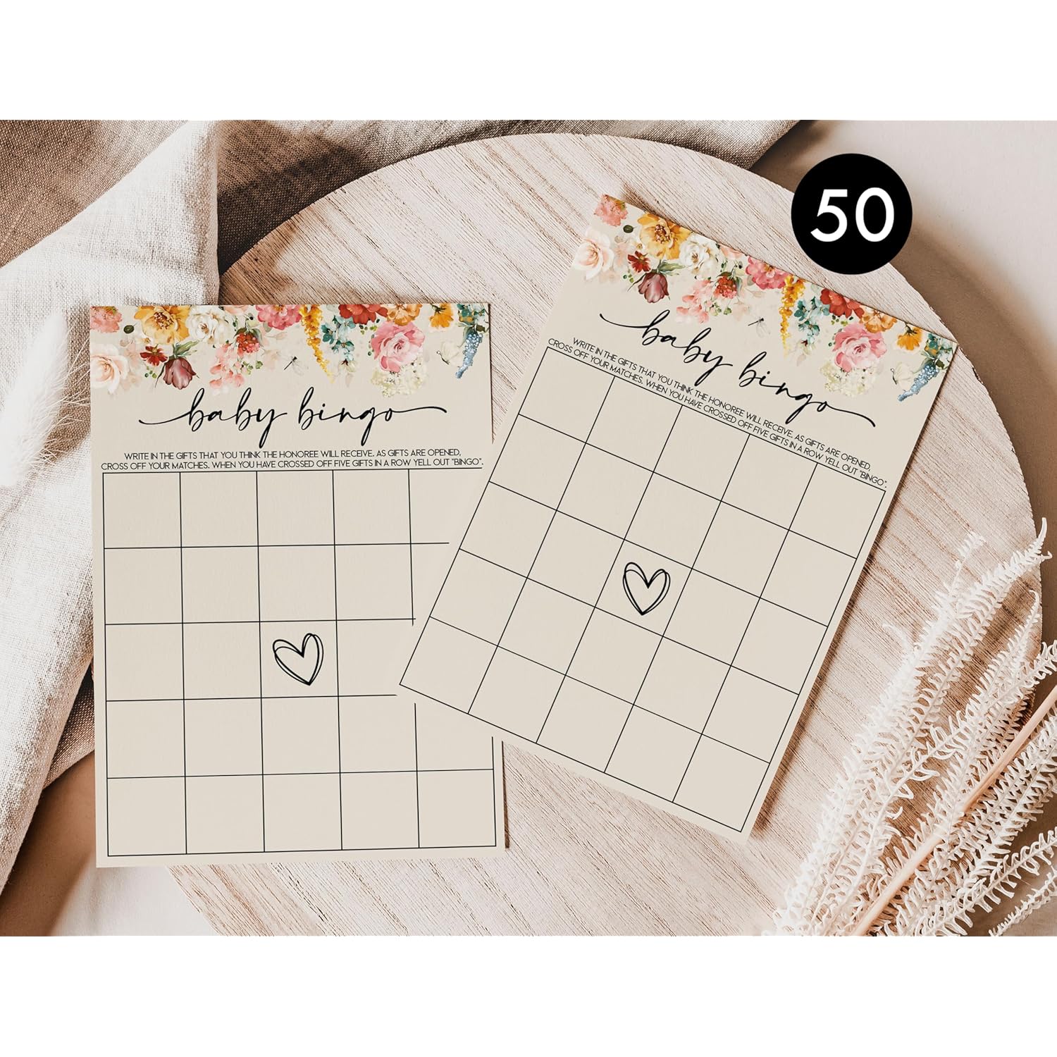Wildflower Bingo Game, 50 Cards, Fun Activity, Girl, Boho Theme Decorations, A Little Wild Flower Is On The Way, Floral Baby In Bloom