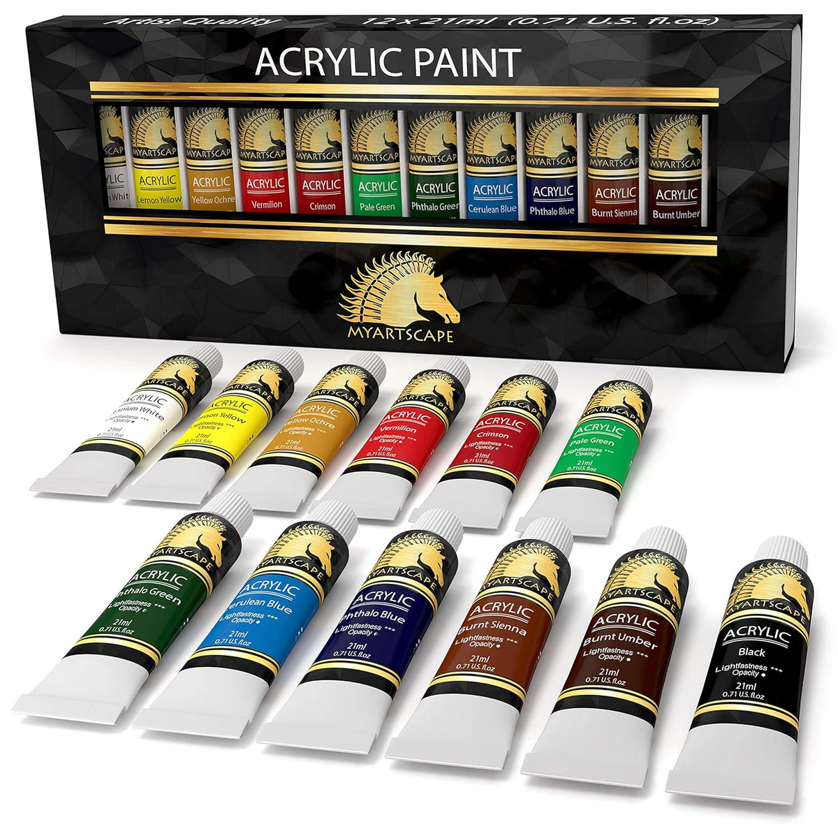 Acrylic Paint Set - 12 X 21Ml Tubes - Lightfast - Heavy Body - Rich Pigments - Great Tinting Strength - Acrylic Painting Supplies For Artists And Beginners - Premium Quality Paints