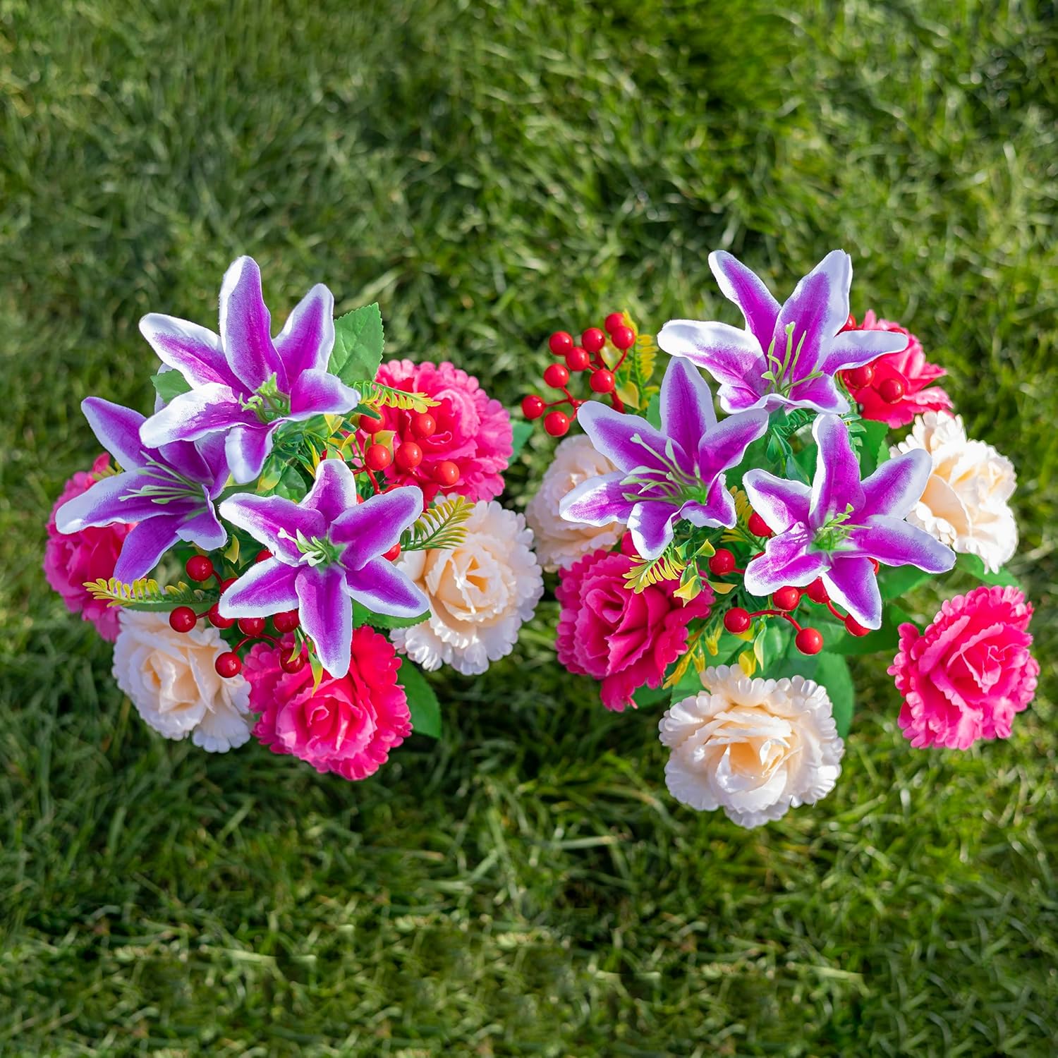 2 Sets Vibrant Cemetery Flowers - Beautiful Grave Decorations With Artificial Roses And Silk Flowers (Red, 2 Bouquets)