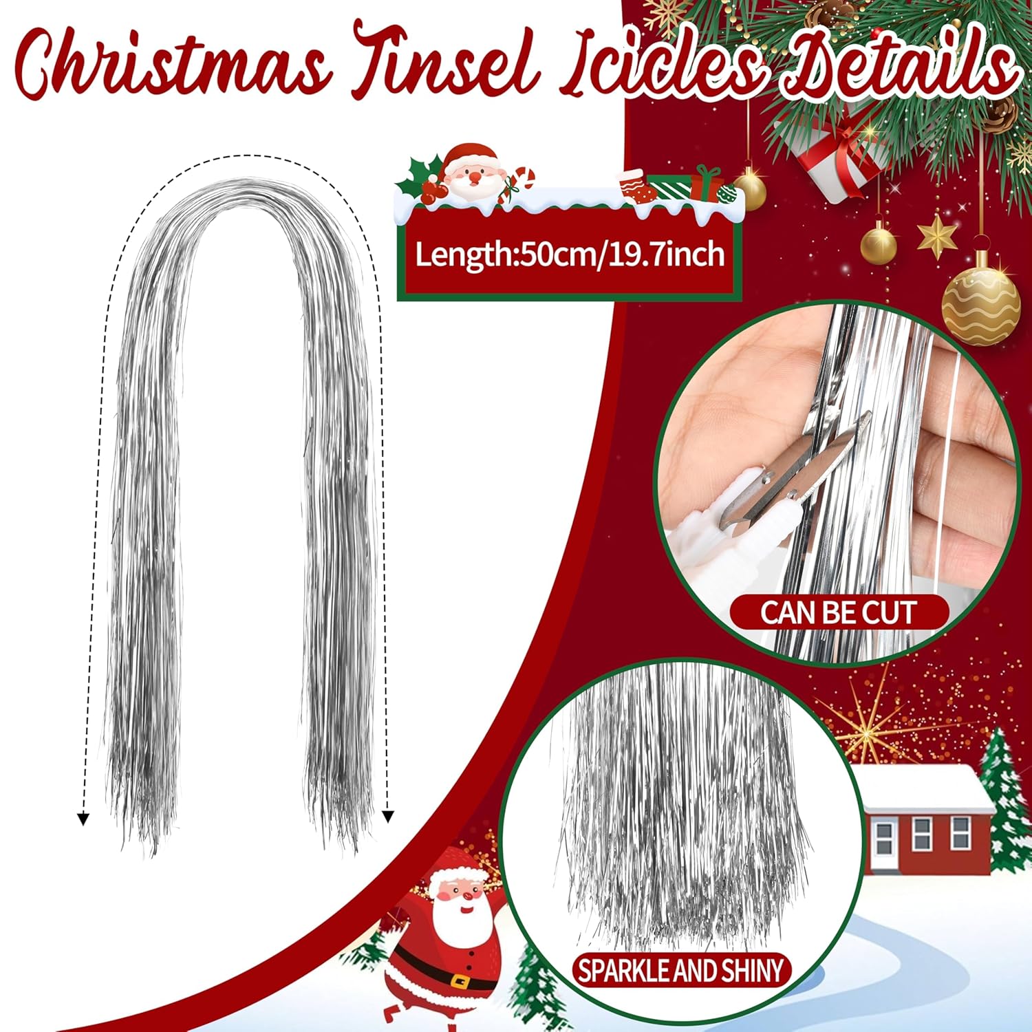 12000 Strands Silver Christmas Strand Tinsel Icicle,19.7" Tinsel Foil Fringes Shiny Icicles Garland Christmas Tree Glitter Hanging Decorations For Indoor Outdoor Home Holiday Party Supplies