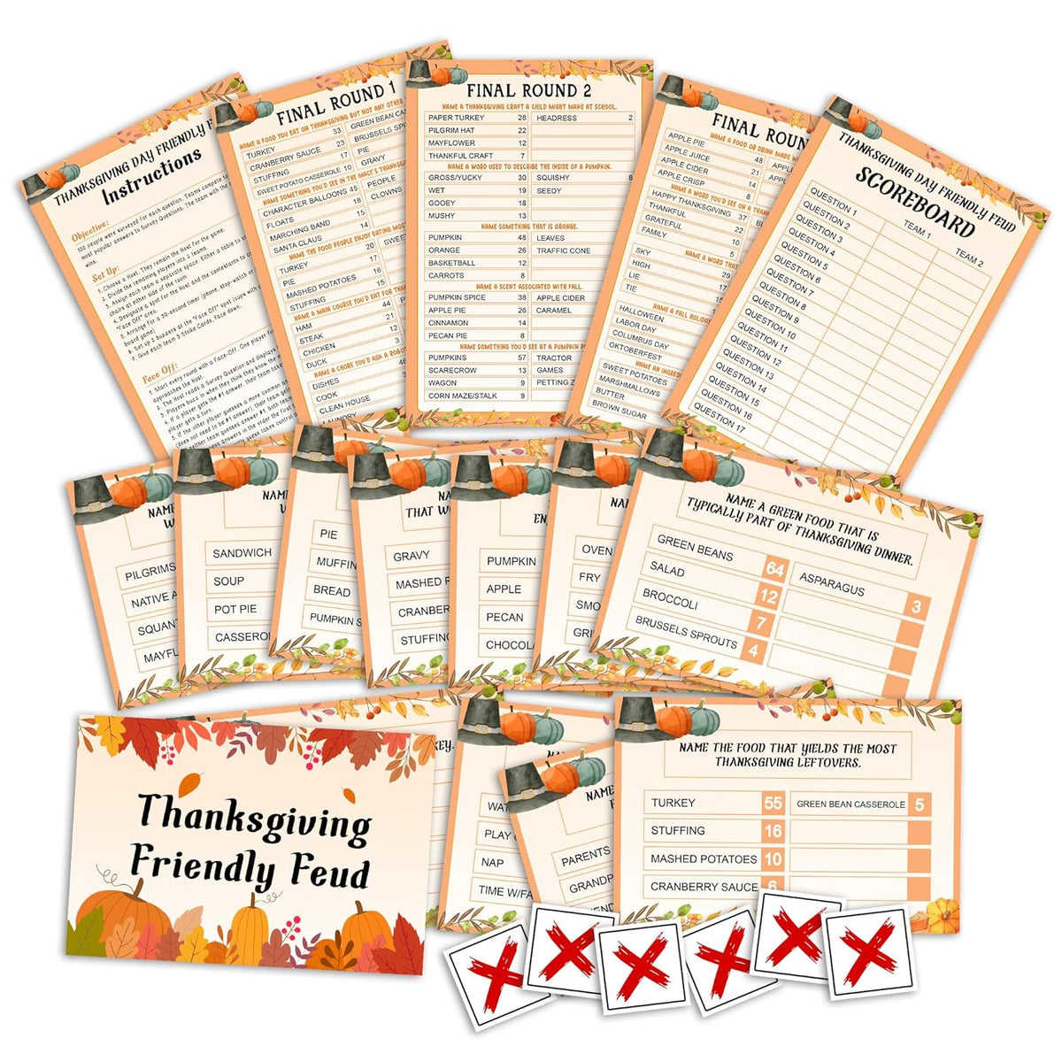 Thanksgiving Friendly Feud Games For Adults, Friendsgiving Games For Family Large Group, Thanks Giving Pumpkin Trivia Card Game, Fall Party Decorations -B03